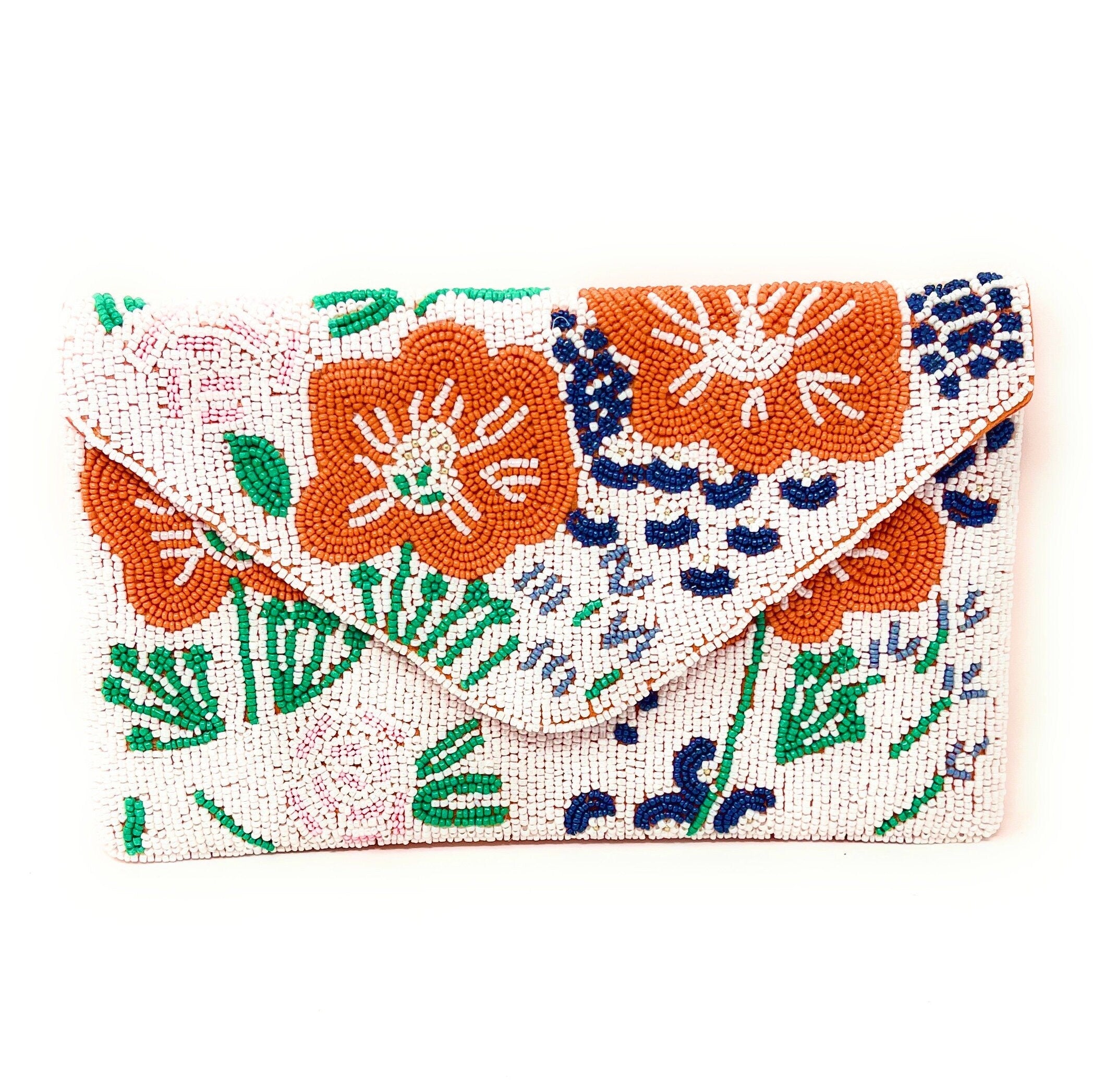 Floral Beaded Clutch Purse, Floral Clutch Bag, Beaded Clutch Purse, Summer Beaded Bag, Party Clutch Purse, Birthday Gift, Orange Clutch