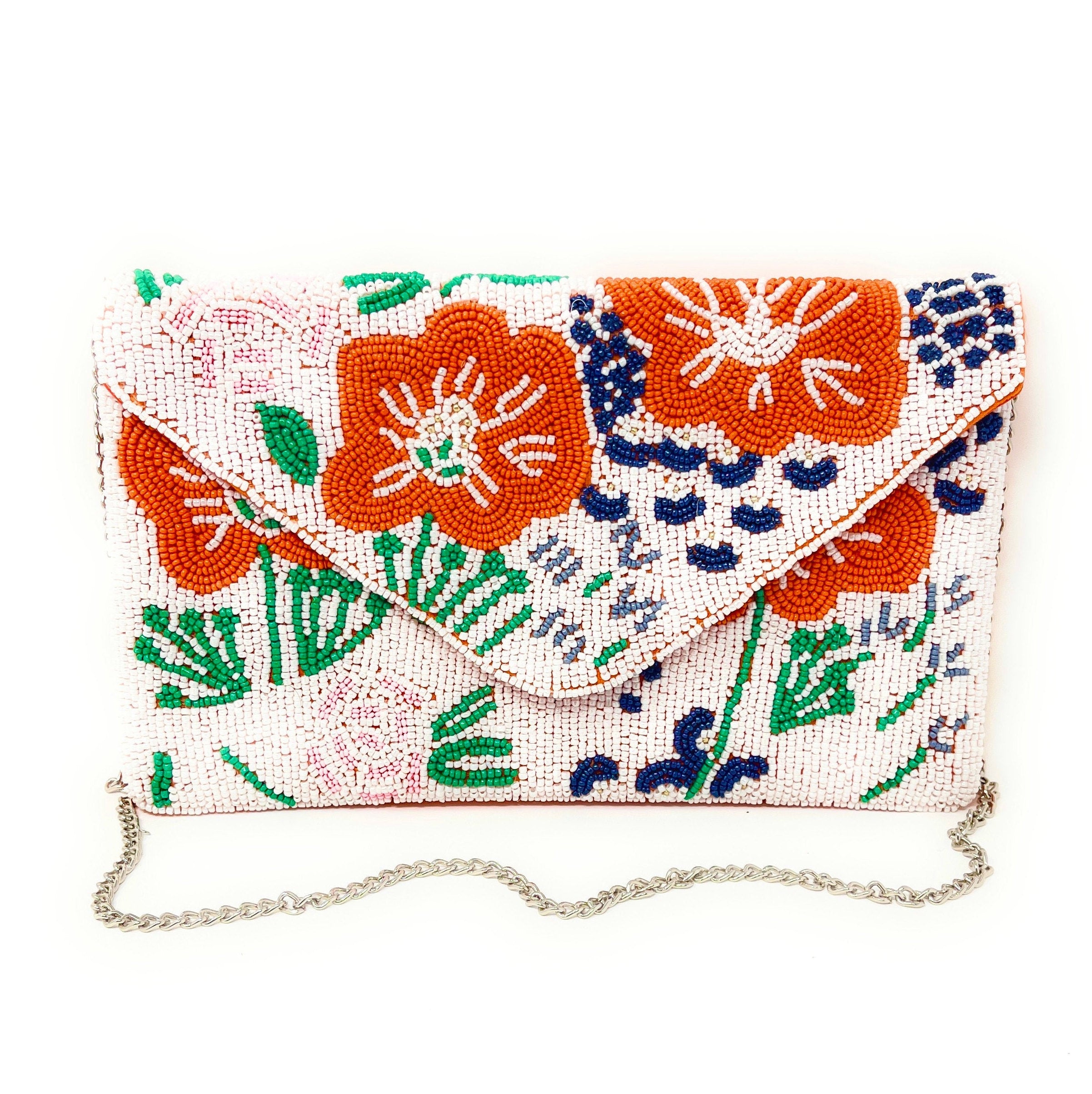 Floral Beaded Clutch Purse, Floral Clutch Bag, Beaded Clutch Purse, Summer Beaded Bag, Party Clutch Purse, Birthday Gift, Orange Clutch