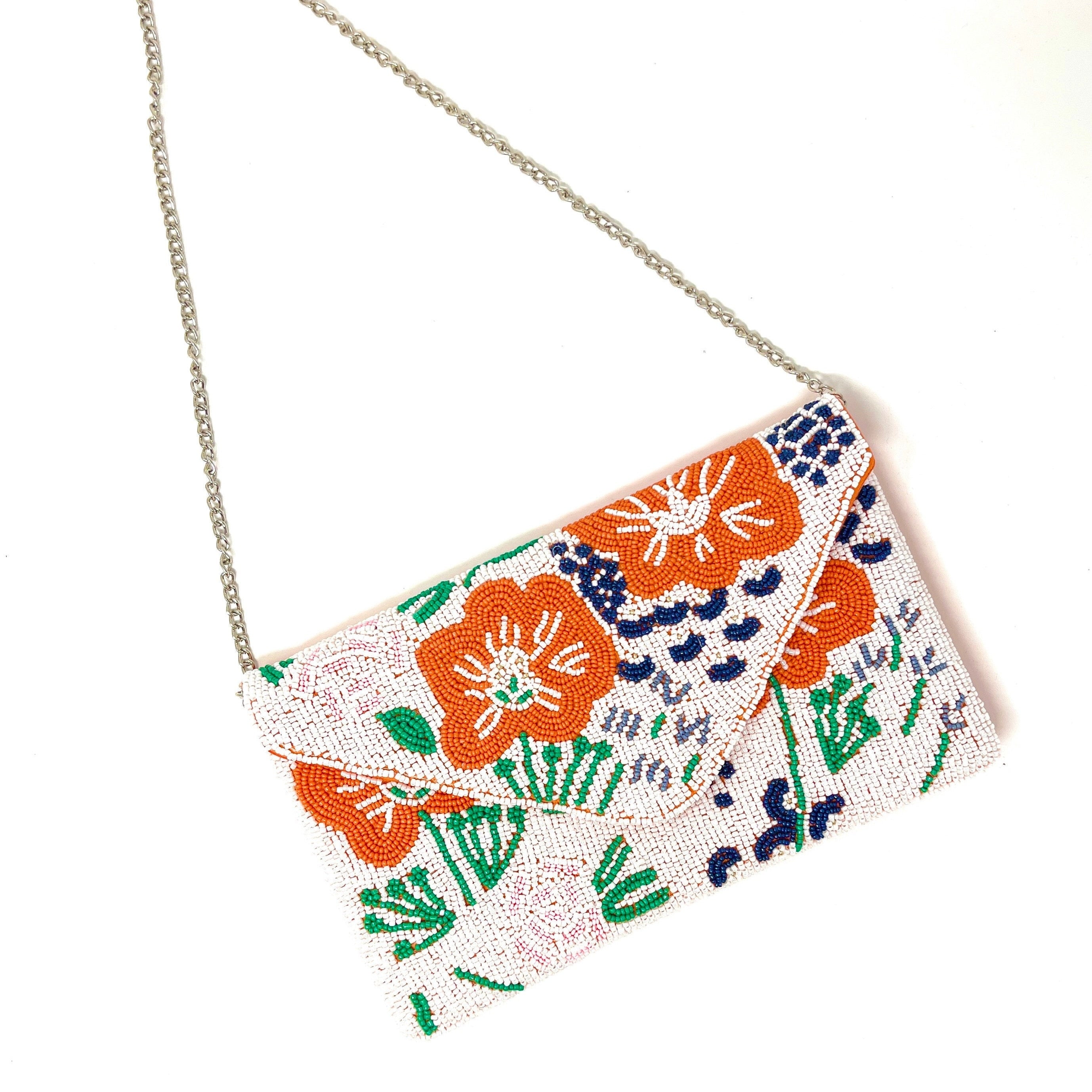 Floral Beaded Clutch Purse, Floral Clutch Bag, Beaded Clutch Purse, Summer Beaded Bag, Party Clutch Purse, Birthday Gift, Orange Clutch