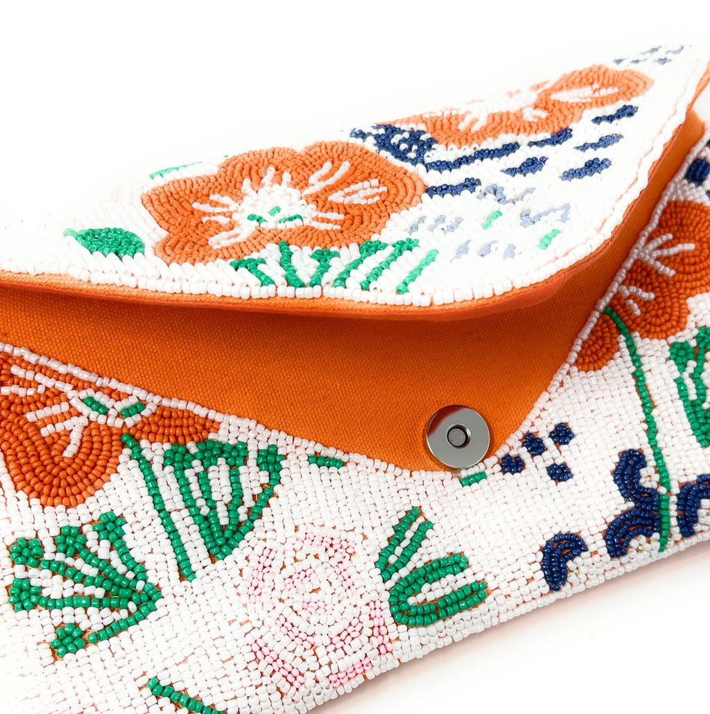 Floral Beaded Clutch Purse, Floral Clutch Bag, Beaded Clutch Purse, Summer Beaded Bag, Party Clutch Purse, Birthday Gift, Orange Clutch