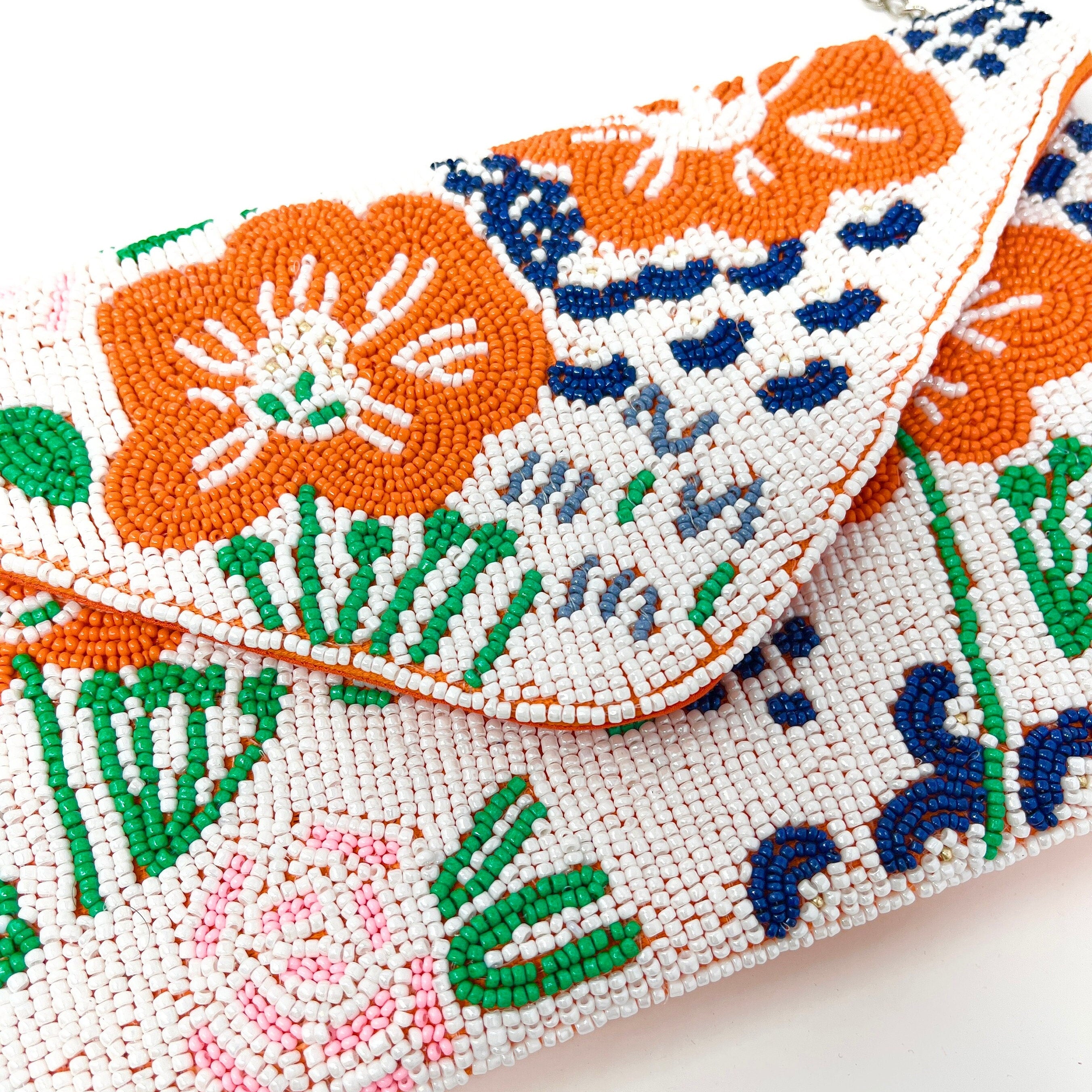 Floral Beaded Clutch Purse, Floral Clutch Bag, Beaded Clutch Purse, Summer Beaded Bag, Party Clutch Purse, Birthday Gift, Orange Clutch