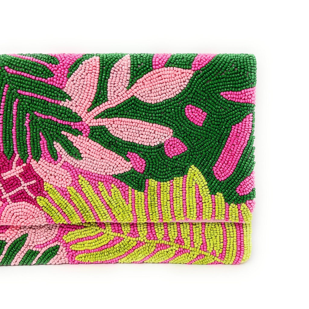 Tropical Beaded Clutch Purse, Pink Floral Party Bag