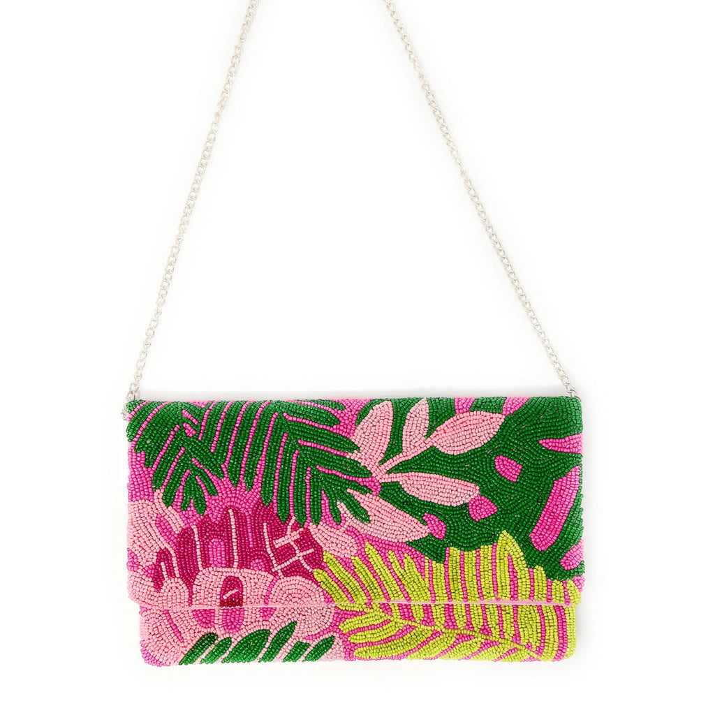 Tropical Beaded Clutch Purse, Pink Floral Party Bag