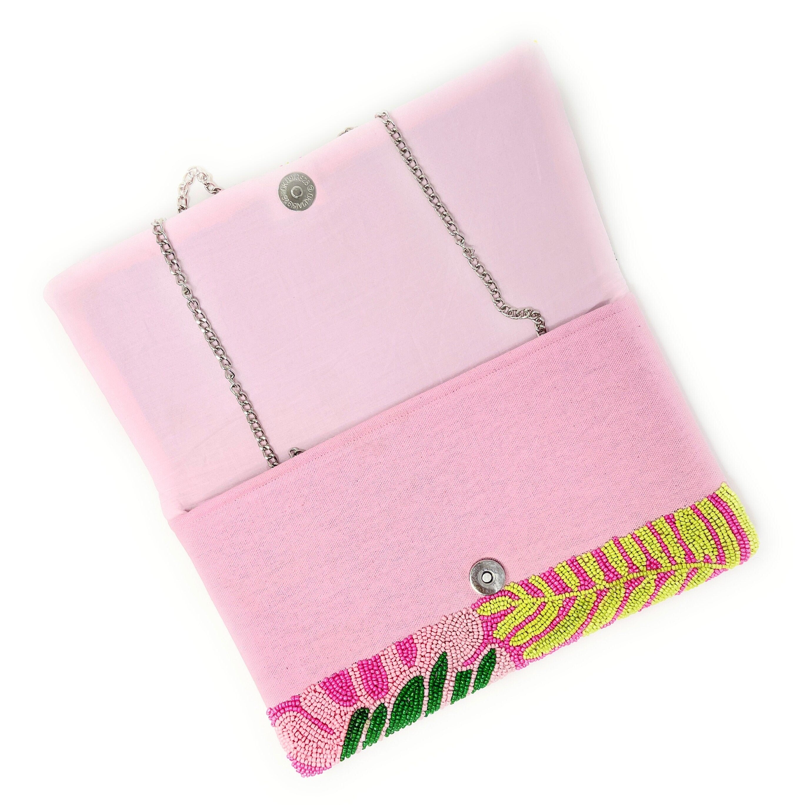 Tropical Beaded Clutch Purse, Pink Floral Party Bag