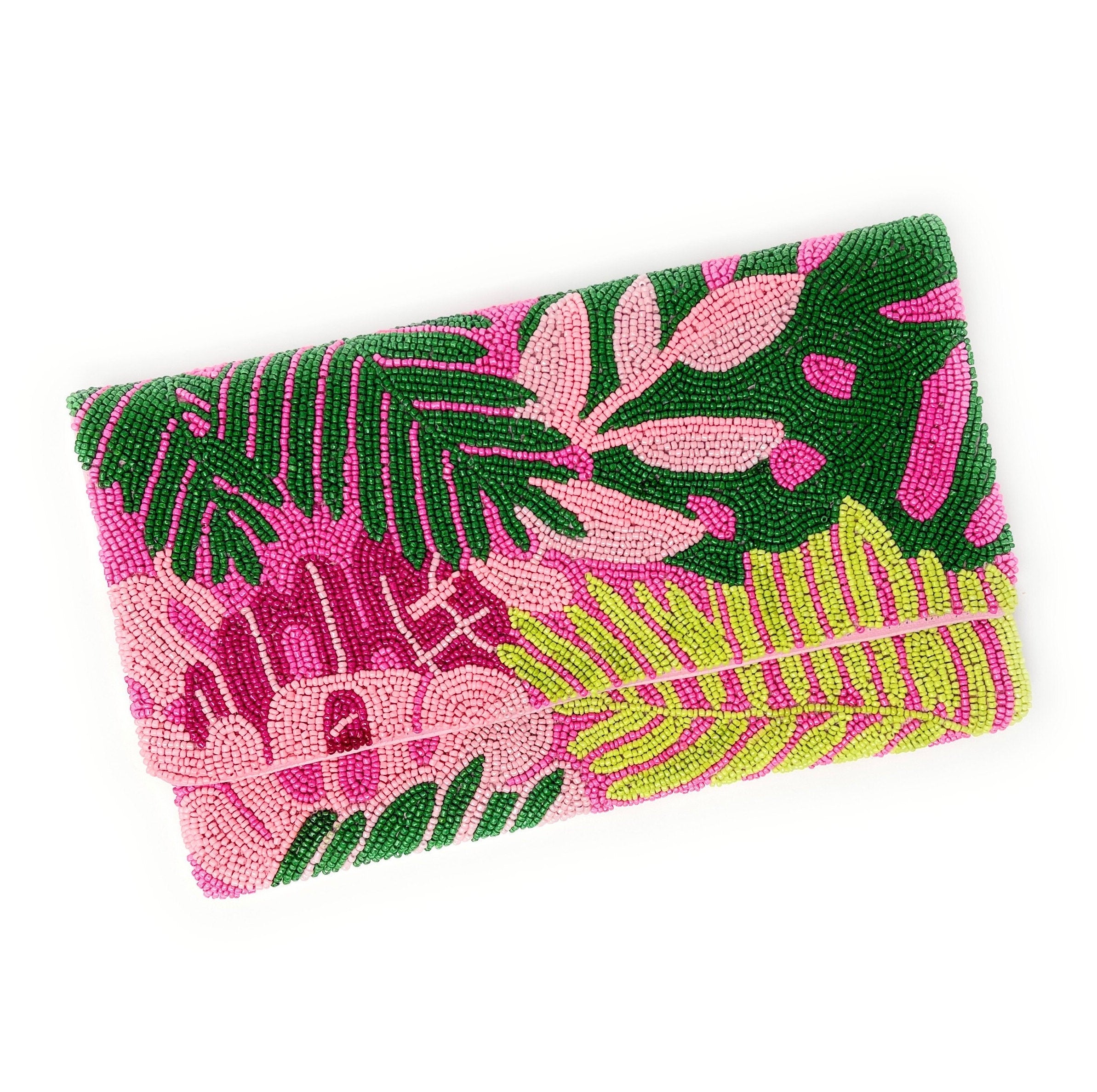 Tropical Beaded Clutch Purse, Pink Floral Party Bag