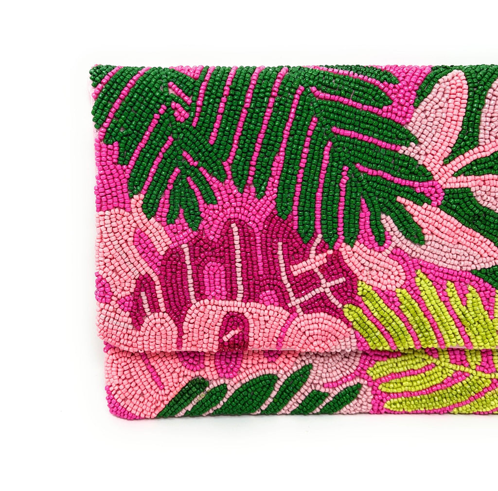 Tropical Beaded Clutch Purse, Pink Floral Party Bag