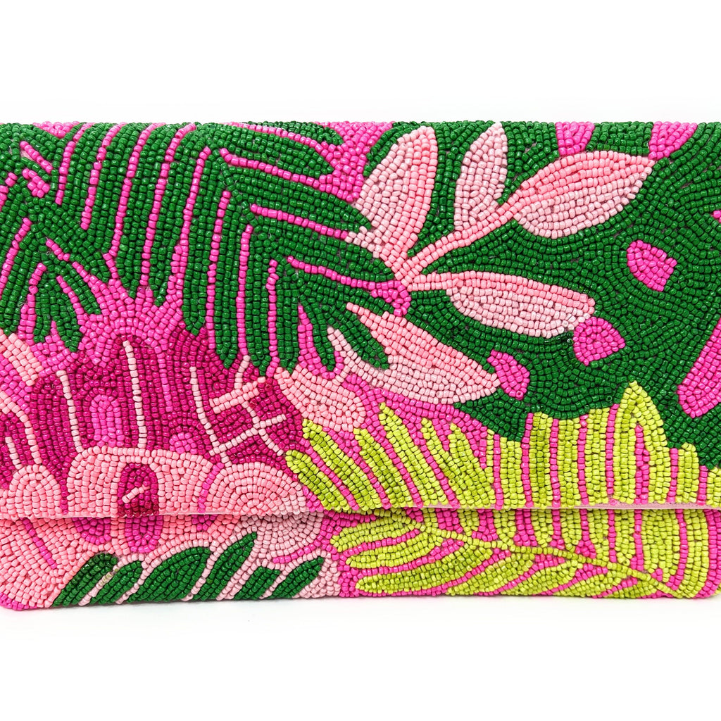 Tropical Beaded Clutch Purse, Pink Floral Party Bag