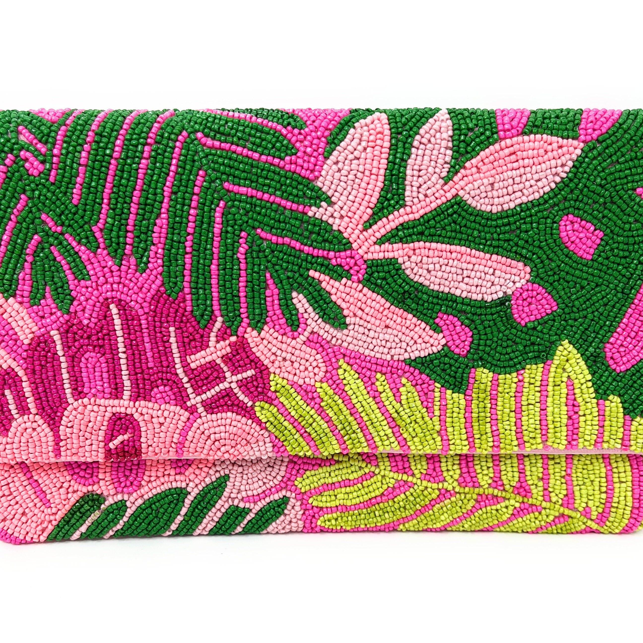 Tropical Beaded Clutch Purse, Pink Floral Party Bag