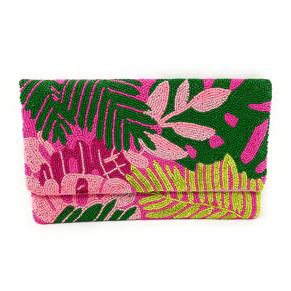 Tropical Beaded Clutch Purse, Pink Floral Party Bag
