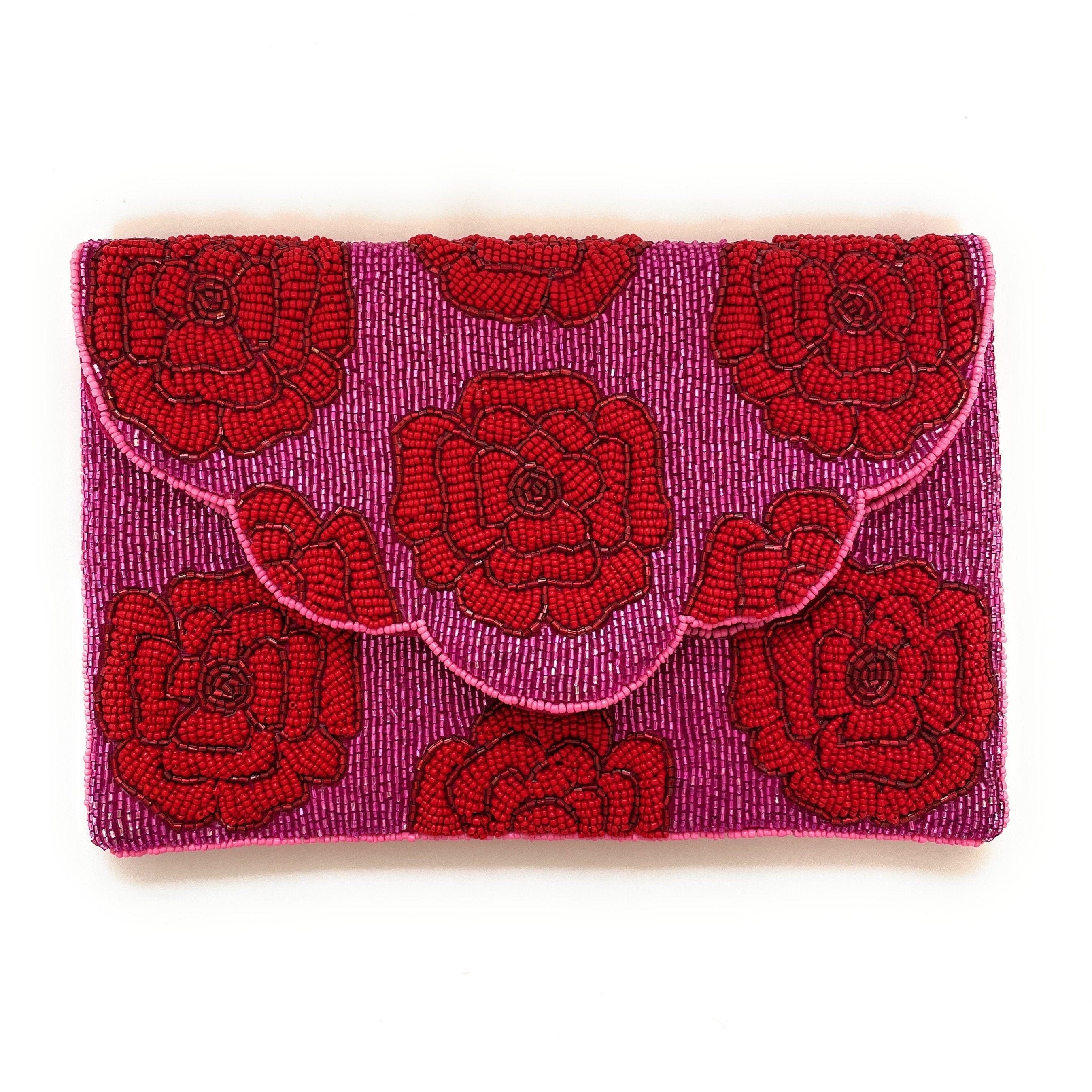 FLORAL Beaded Clutch, Fuchsia Beaded Clutch, Floral Beaded Clutch Purse, Summer Clutch Bag, Party Clutch Purse, Birthday Gift, Bridal Gift