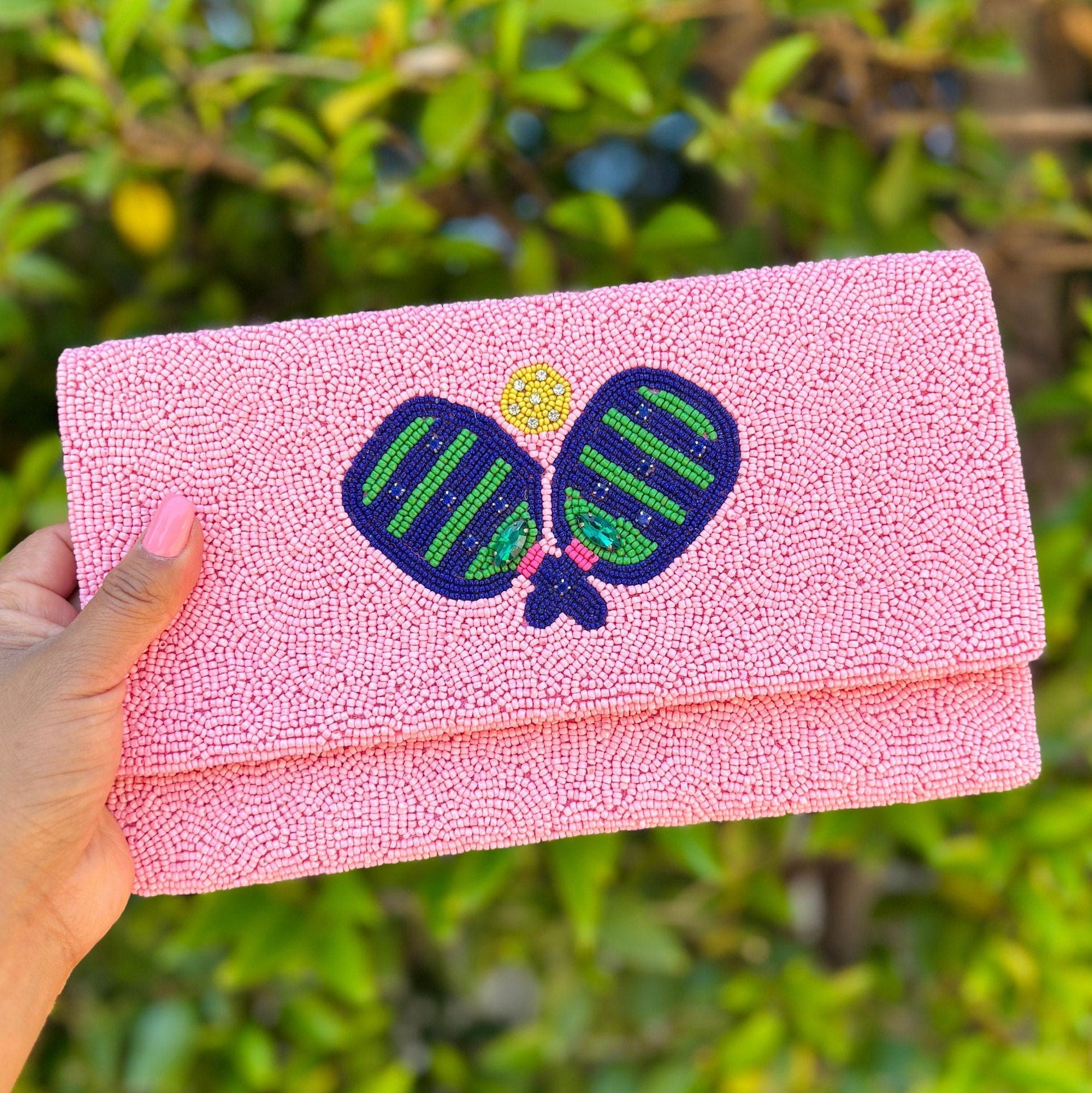 Pickleball Beaded Clutch Purse, Pink Clutch Bag Beaded Clutch Purse Game Day Pickleball Purse, Custom Gifts Pickle-ball Crossbody Purse