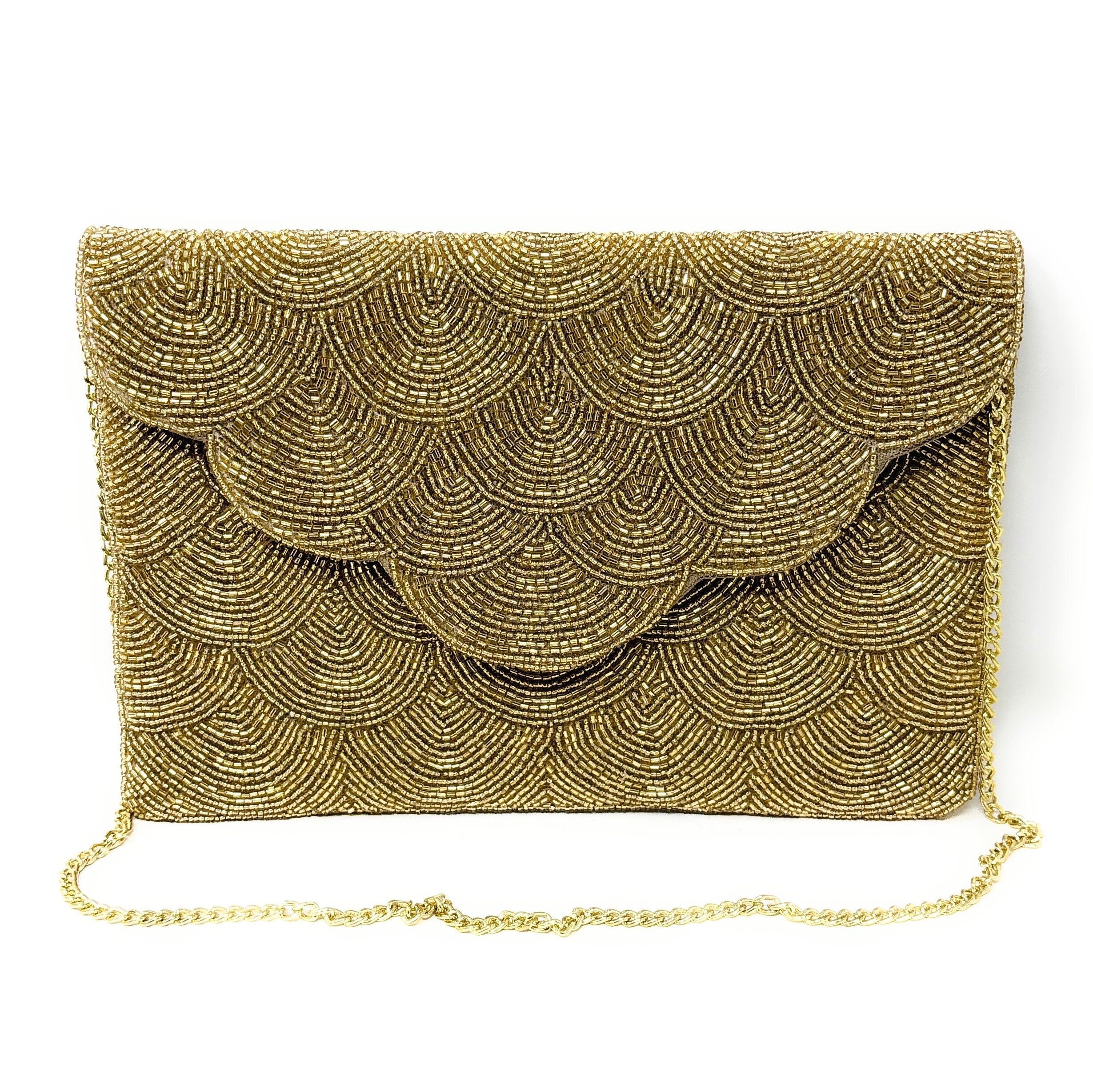 Handmade Beaded Clutch, Shimmering Gold Evening Bag