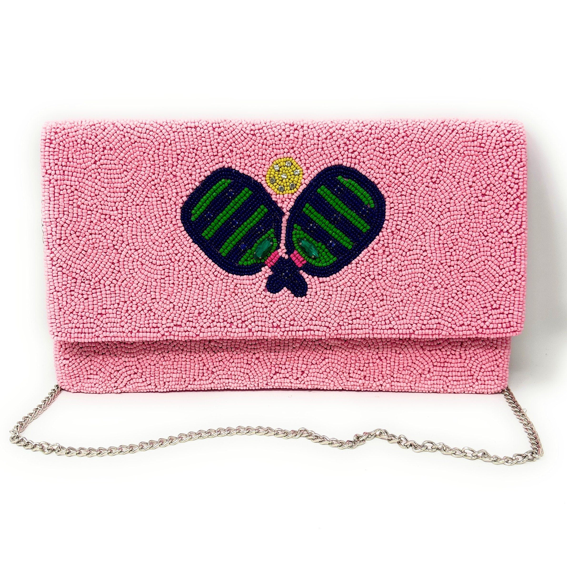 Pickleball Beaded Clutch Purse, Pink Clutch Bag Beaded Clutch Purse Game Day Pickleball Purse, Custom Gifts Pickle-ball Crossbody Purse