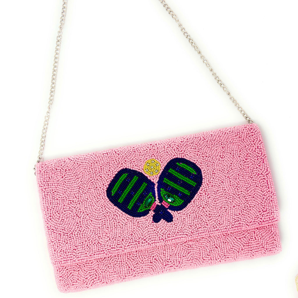 Pickleball Beaded Clutch Purse, Pink Clutch Bag Beaded Clutch Purse Game Day Pickleball Purse, Custom Gifts Pickle-ball Crossbody Purse