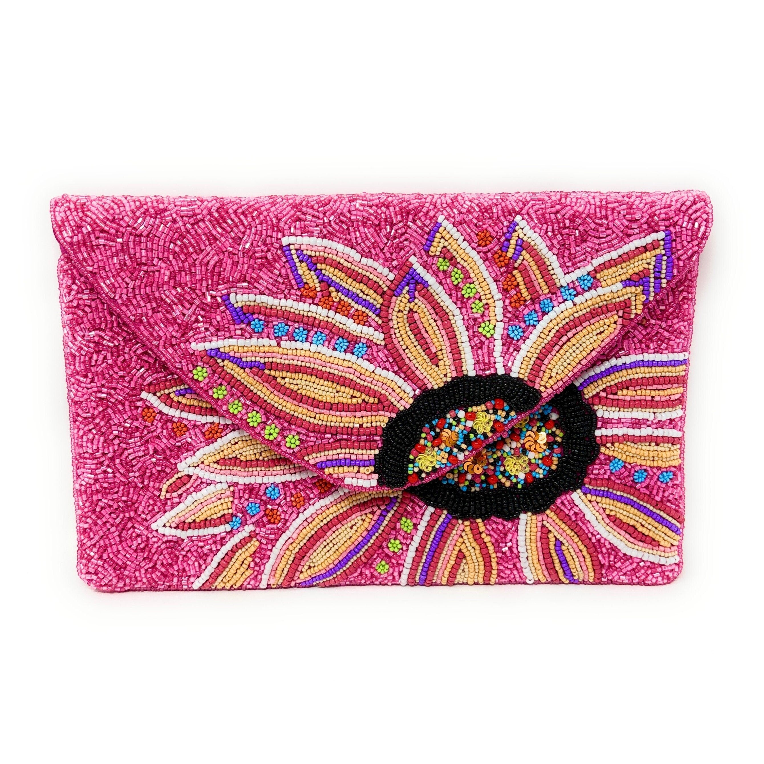 Hand Beaded Pink Fuchsia Clutch Purse, Floral Clutch Bag, Beaded Clutch Purse, Resort Beaded Bag, Party Clutch Purse, Tropical Purse Bag