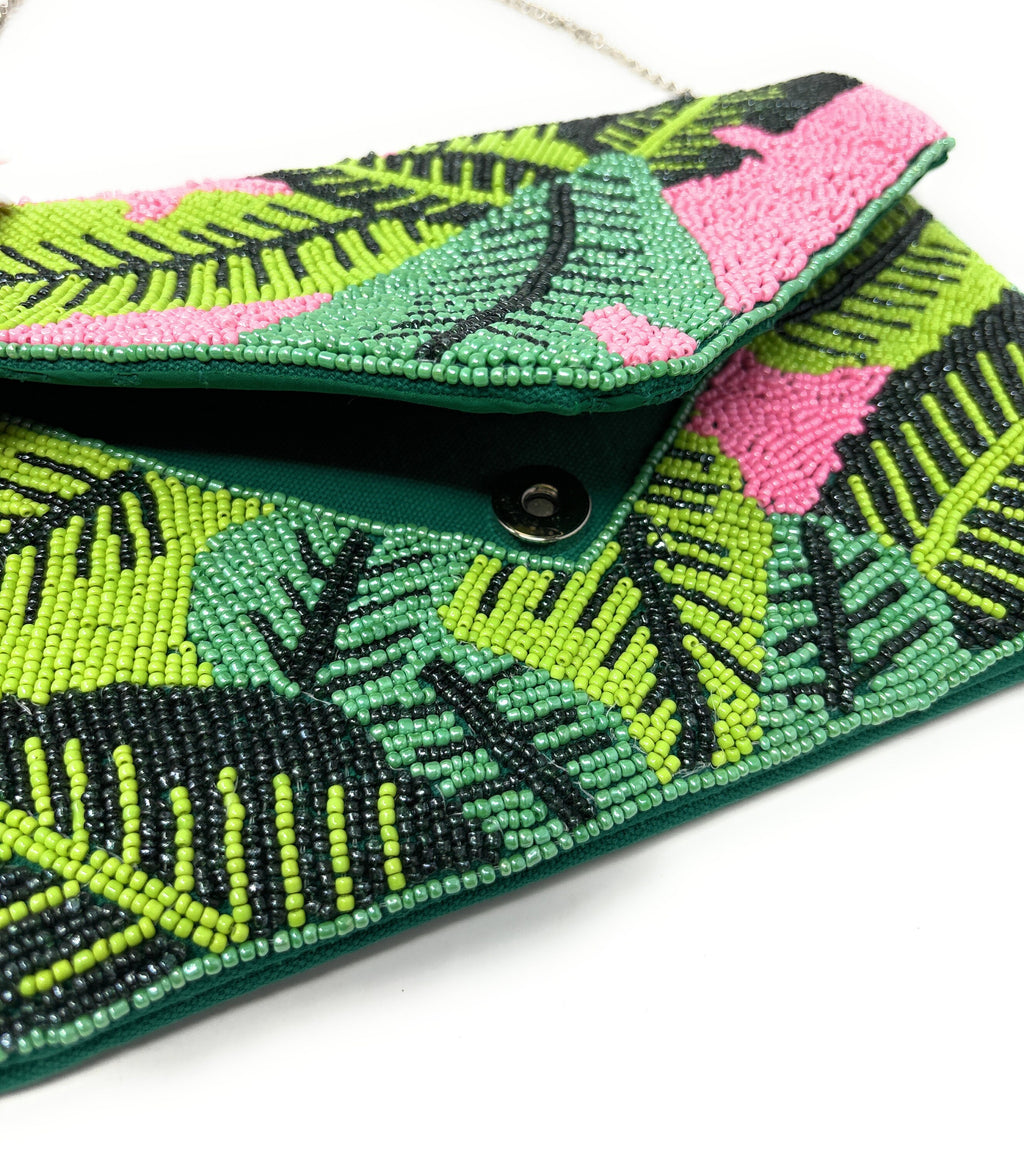 Hand Beaded Clutch Purse with Beautiful Palm Leaf Motifs Birthday Gift, Summer Accessories, Tropical Clutch Handbag, Palm Leaf Crossbody Bag