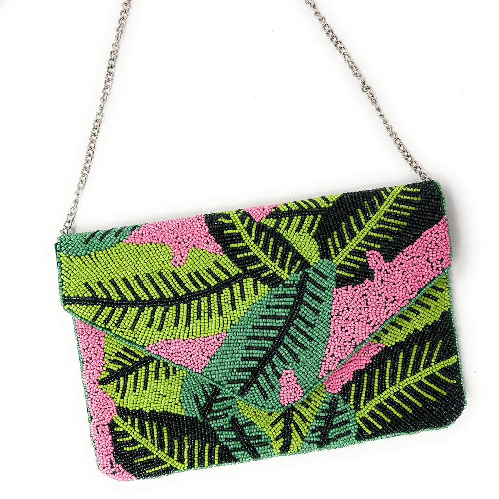 Hand Beaded Clutch Purse with Beautiful Palm Leaf Motifs Birthday Gift, Summer Accessories, Tropical Clutch Handbag, Palm Leaf Crossbody Bag