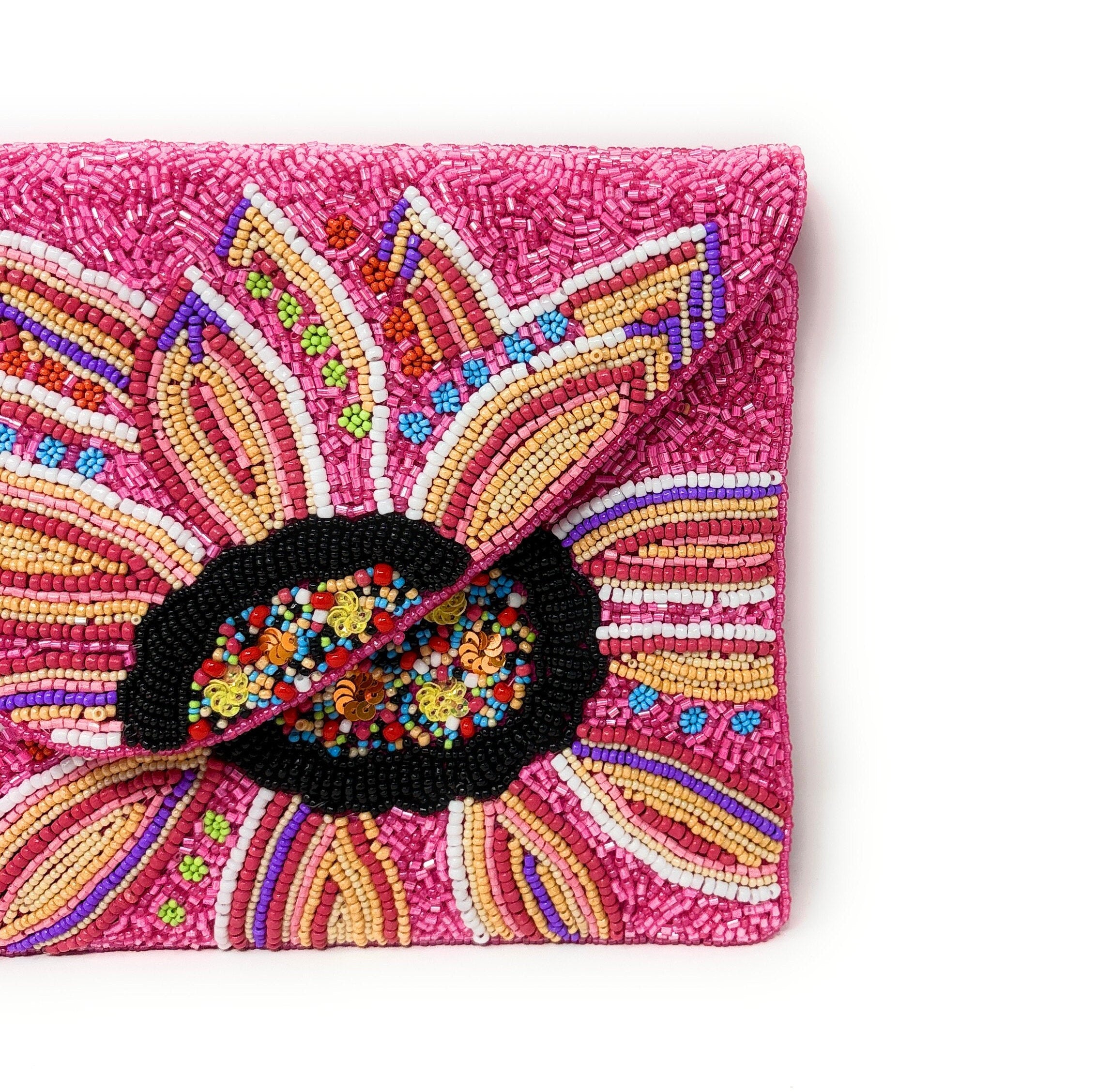 Hand Beaded Pink Fuchsia Clutch Purse, Floral Clutch Bag, Beaded Clutch Purse, Resort Beaded Bag, Party Clutch Purse, Tropical Purse Bag