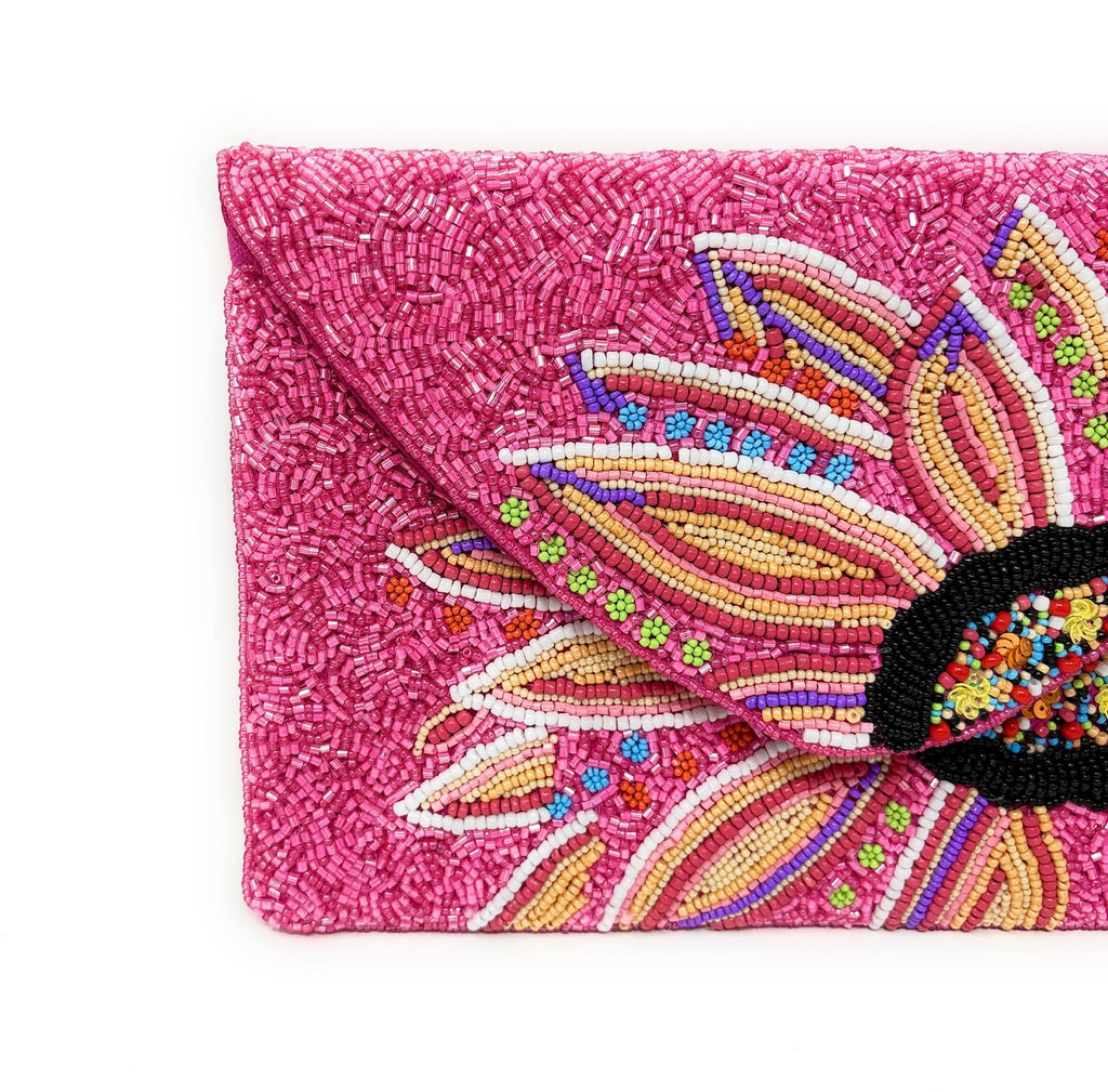 Hand Beaded Pink Fuchsia Clutch Purse, Floral Clutch Bag, Beaded Clutch Purse, Resort Beaded Bag, Party Clutch Purse, Tropical Purse Bag