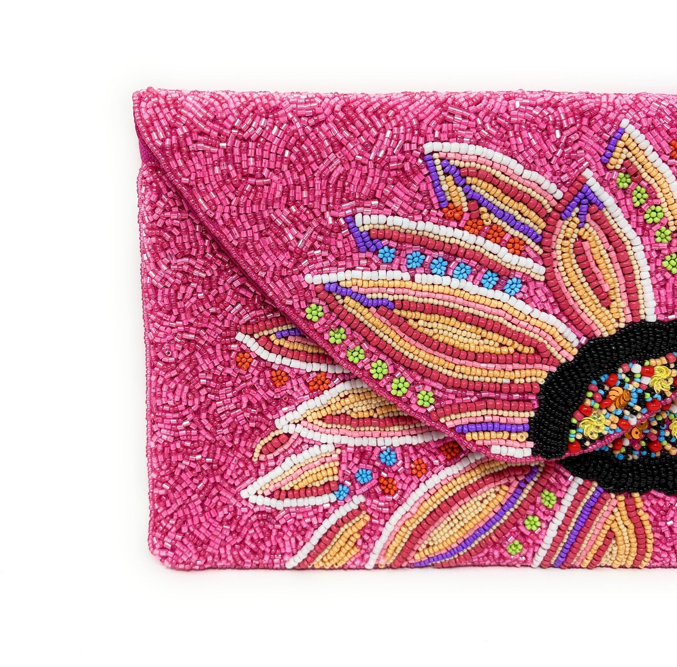 Hand Beaded Pink Fuchsia Clutch Purse, Floral Clutch Bag, Beaded Clutch Purse, Resort Beaded Bag, Party Clutch Purse, Tropical Purse Bag