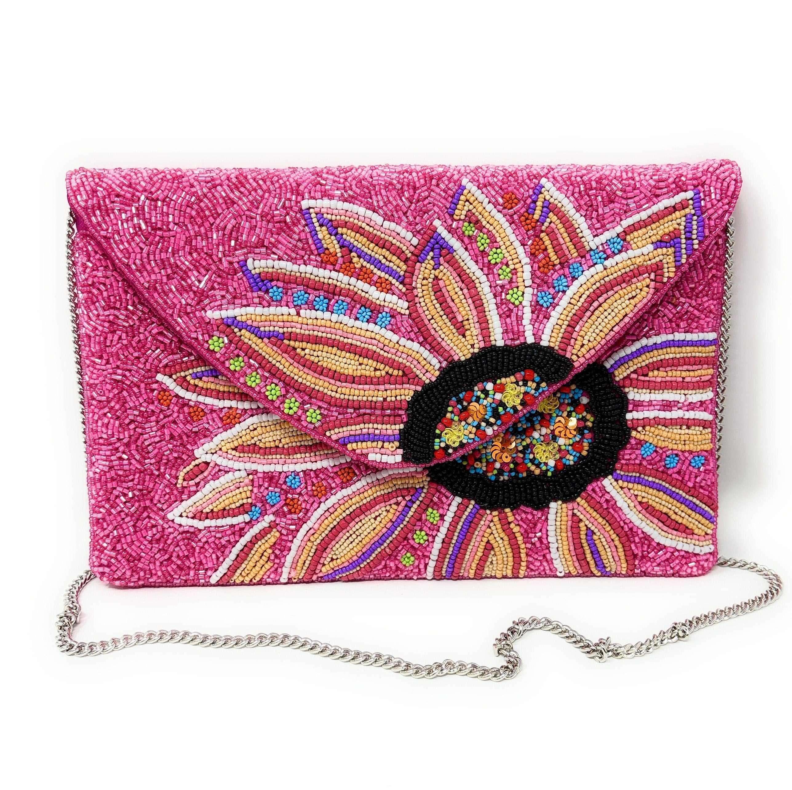 Hand Beaded Pink Fuchsia Clutch Purse, Floral Clutch Bag, Beaded Clutch Purse, Resort Beaded Bag, Party Clutch Purse, Tropical Purse Bag