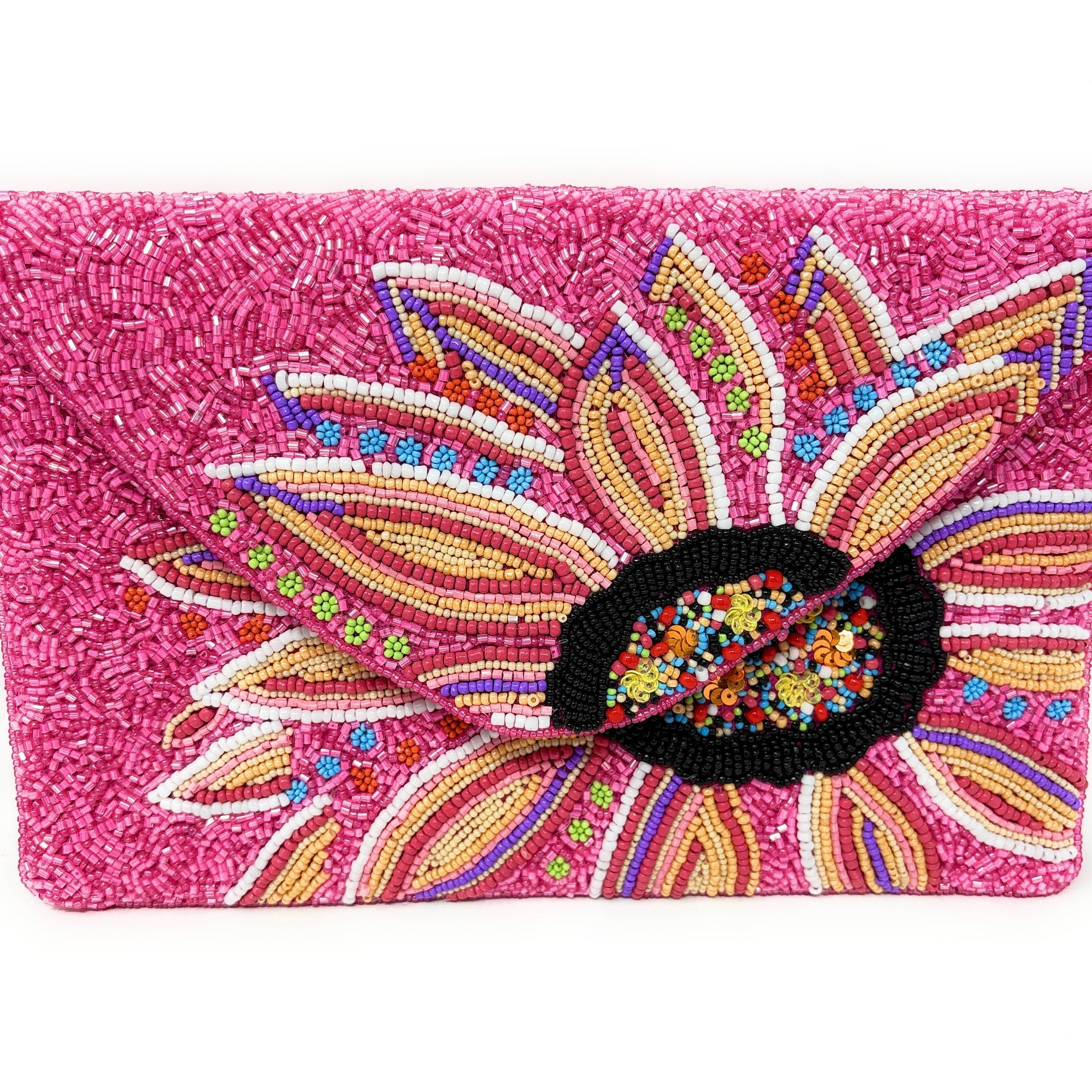 Hand Beaded Pink Fuchsia Clutch Purse, Floral Clutch Bag, Beaded Clutch Purse, Resort Beaded Bag, Party Clutch Purse, Tropical Purse Bag