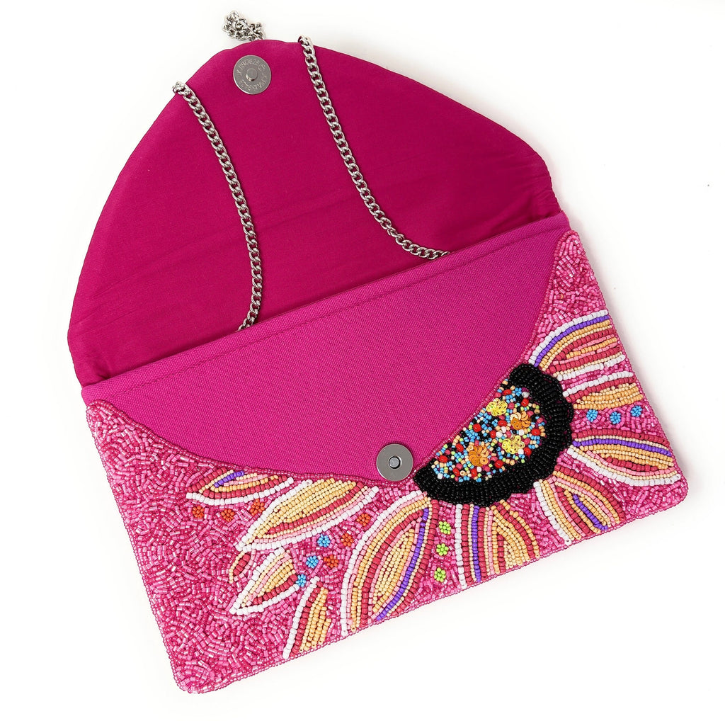 Hand Beaded Pink Fuchsia Clutch Purse, Floral Clutch Bag, Beaded Clutch Purse, Resort Beaded Bag, Party Clutch Purse, Tropical Purse Bag