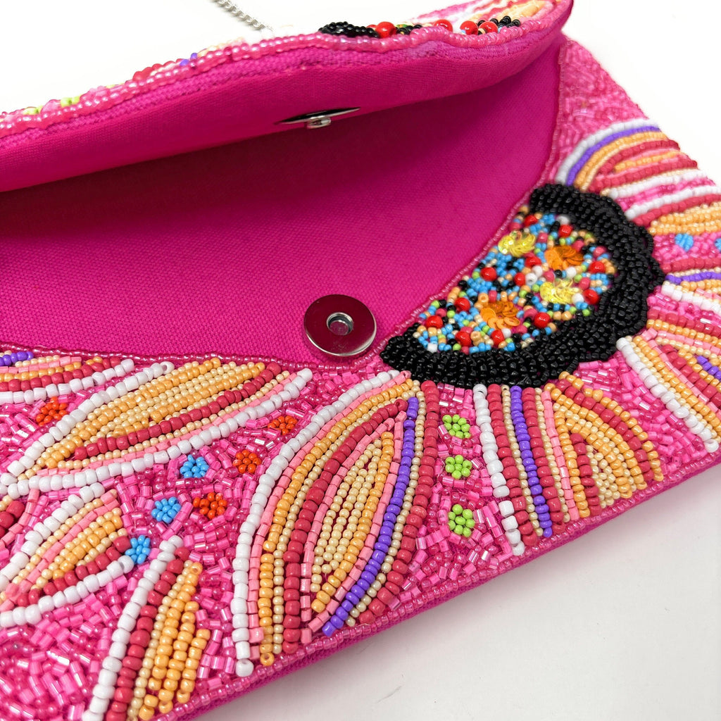 Hand Beaded Pink Fuchsia Clutch Purse, Floral Clutch Bag, Beaded Clutch Purse, Resort Beaded Bag, Party Clutch Purse, Tropical Purse Bag
