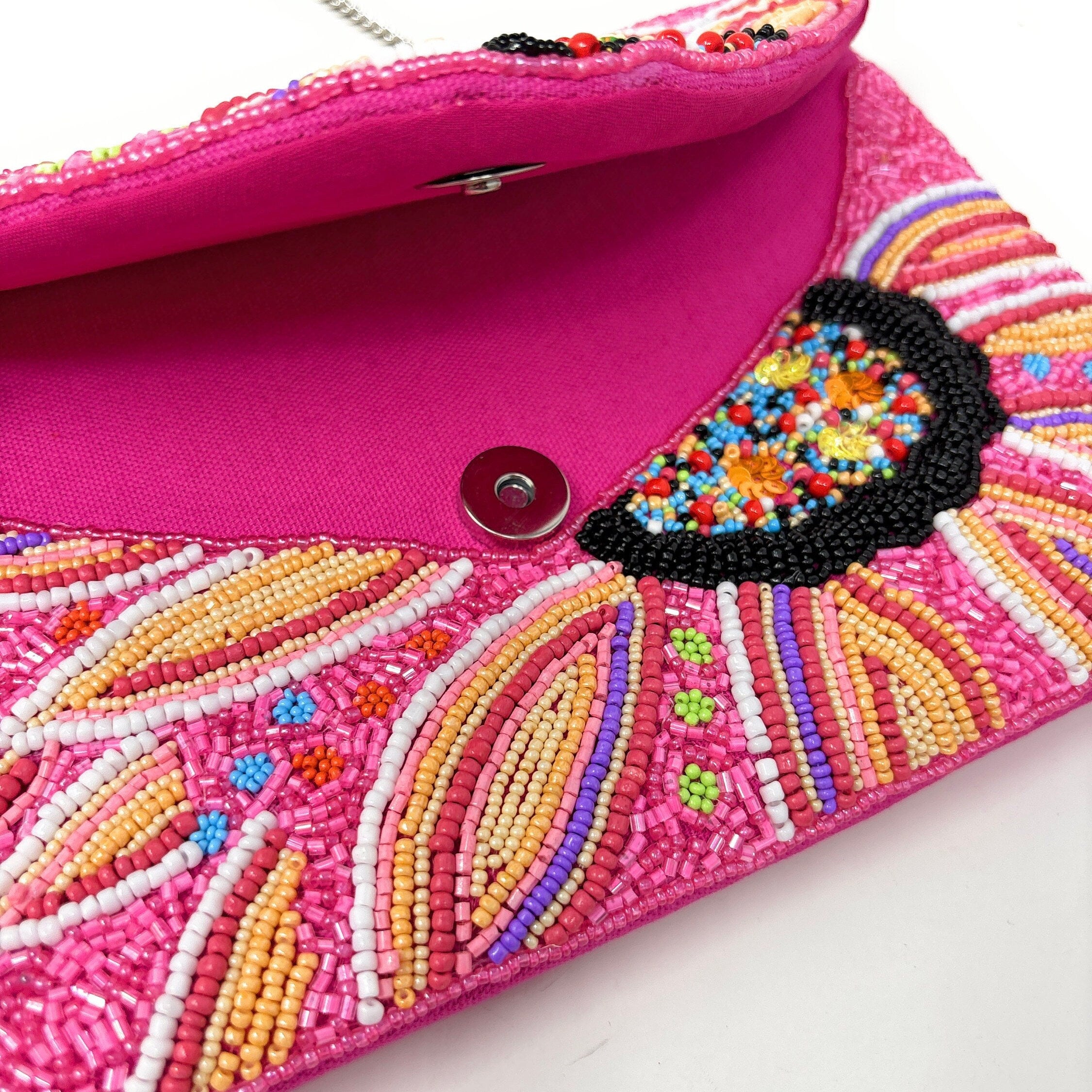 Hand Beaded Pink Fuchsia Clutch Purse, Floral Clutch Bag, Beaded Clutch Purse, Resort Beaded Bag, Party Clutch Purse, Tropical Purse Bag