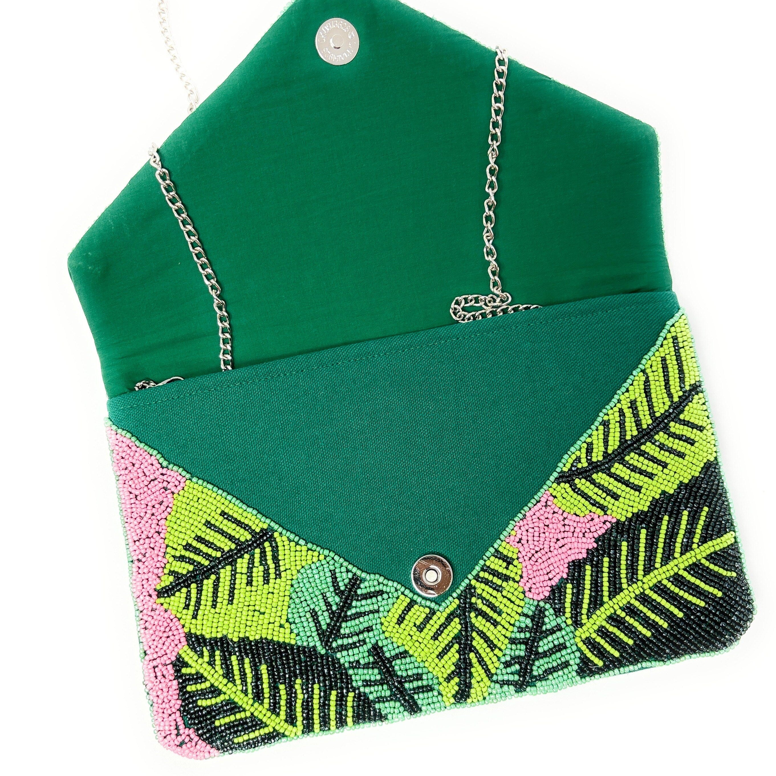 Hand Beaded Clutch Purse with Beautiful Palm Leaf Motifs Birthday Gift, Summer Accessories, Tropical Clutch Handbag, Palm Leaf Crossbody Bag