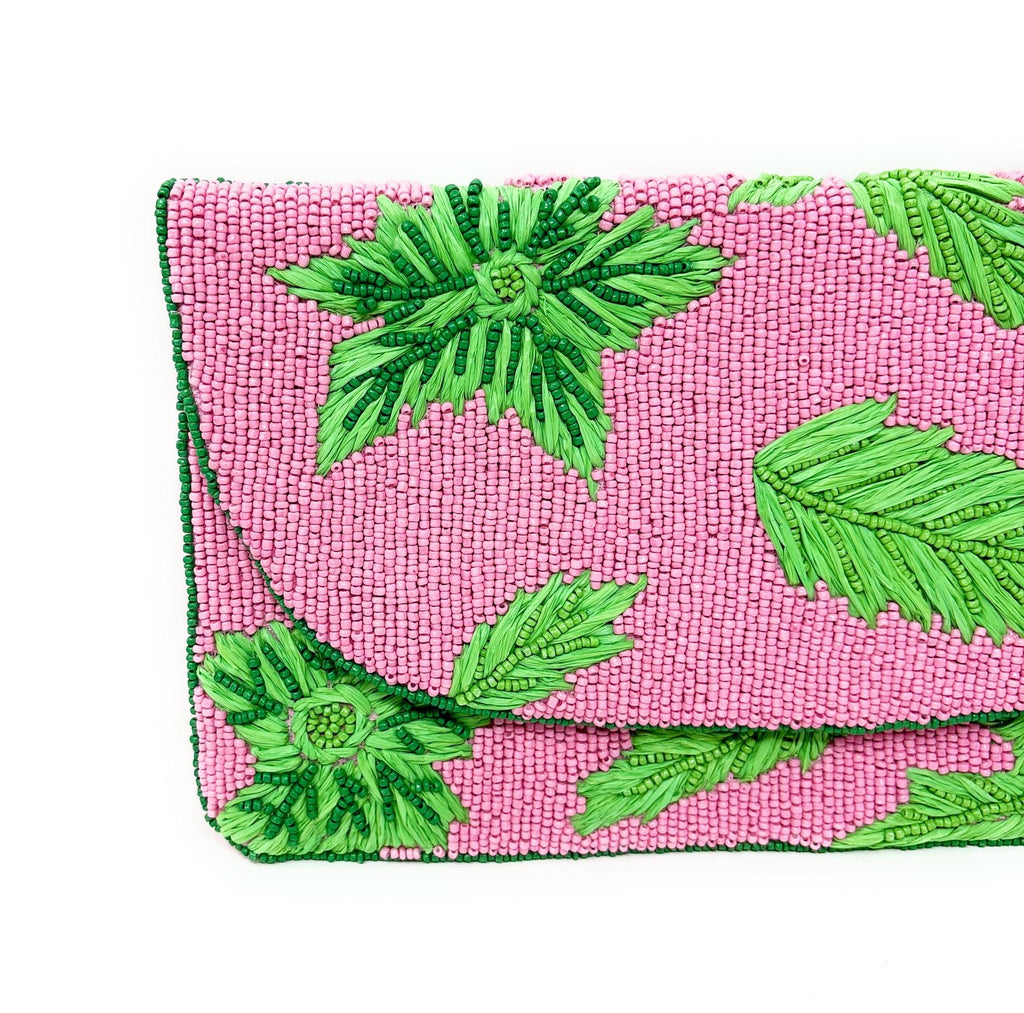 Tropical Beaded Clutch Purse, Pink Green Clutch Bag, Beaded Clutch Purse, Pink Beaded Bag, Party Clutch Purse, Unique Tropical Purse Bag