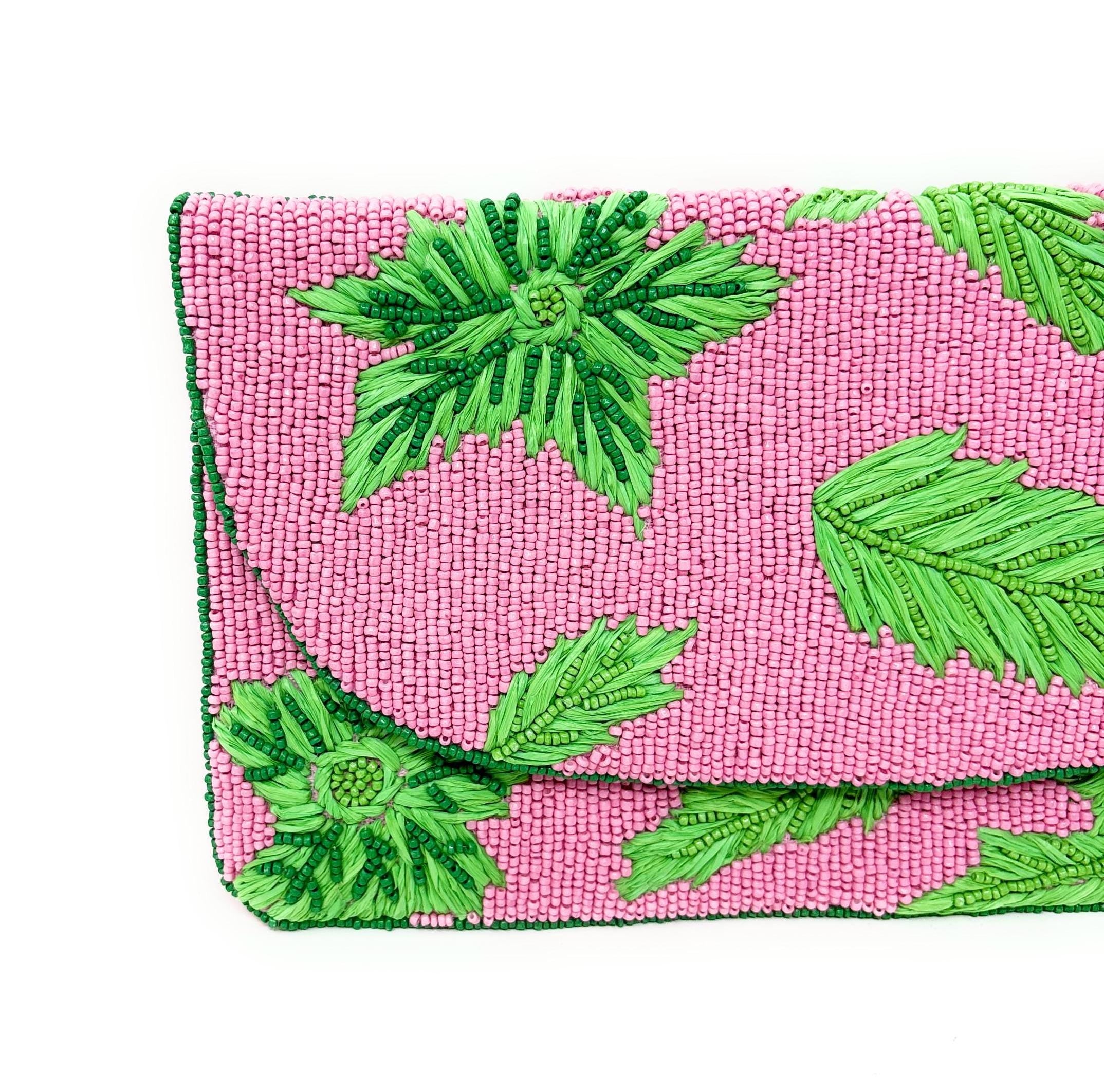 Tropical Beaded Clutch Purse, Pink Green Clutch Bag, Beaded Clutch Purse, Pink Beaded Bag, Party Clutch Purse, Unique Tropical Purse Bag