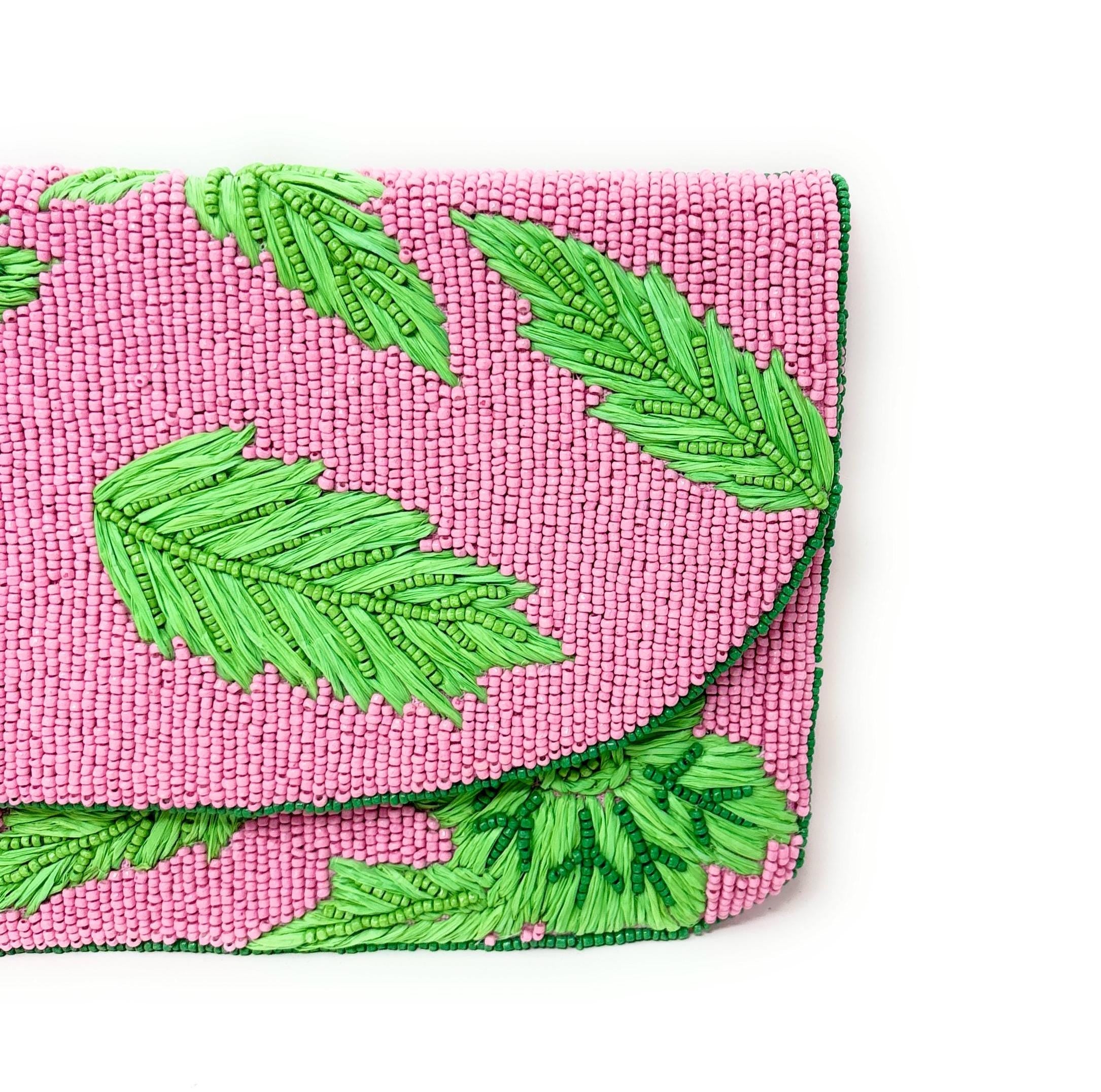 Tropical Beaded Clutch Purse, Pink Green Clutch Bag, Beaded Clutch Purse, Pink Beaded Bag, Party Clutch Purse, Unique Tropical Purse Bag