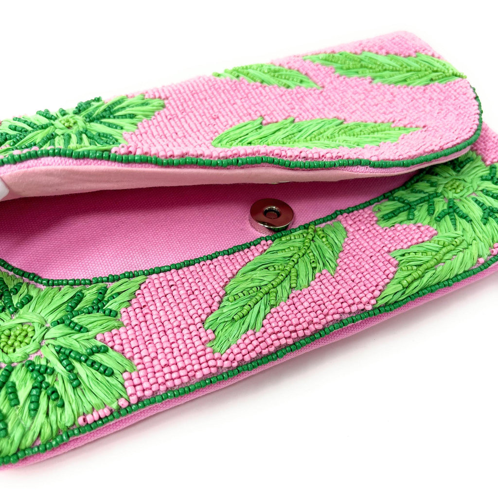 Tropical Beaded Clutch Purse, Pink Green Clutch Bag, Beaded Clutch Purse, Pink Beaded Bag, Party Clutch Purse, Unique Tropical Purse Bag