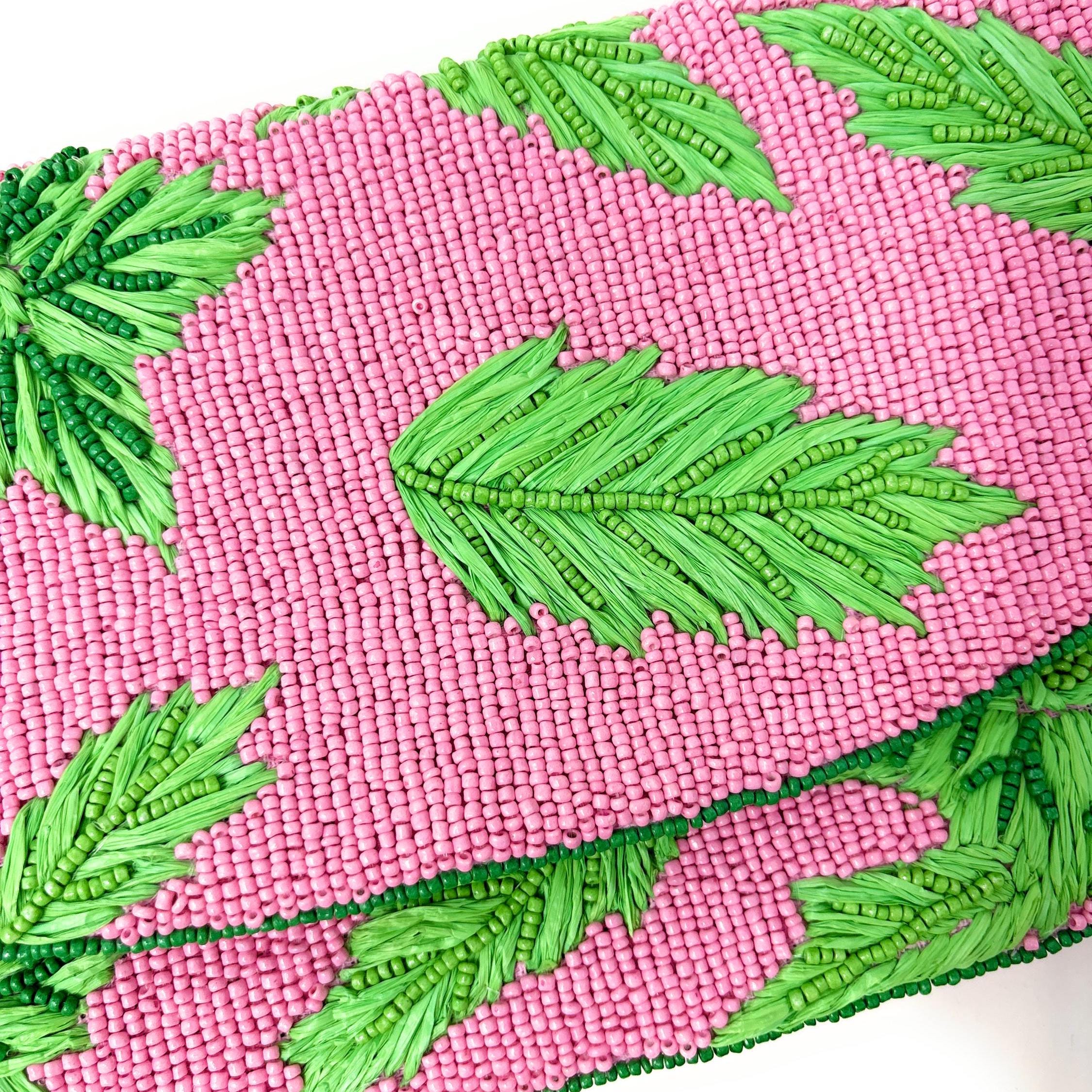 Tropical Beaded Clutch Purse, Pink Green Clutch Bag, Beaded Clutch Purse, Pink Beaded Bag, Party Clutch Purse, Unique Tropical Purse Bag