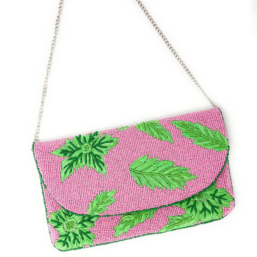 Tropical Beaded Clutch Purse, Pink Green Clutch Bag, Beaded Clutch Purse, Pink Beaded Bag, Party Clutch Purse, Unique Tropical Purse Bag