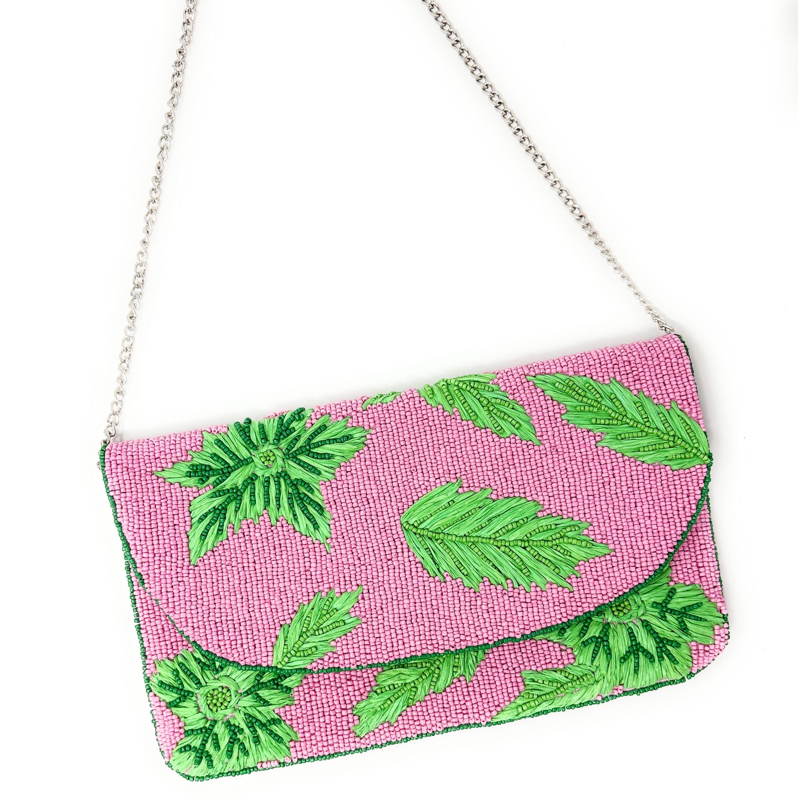 Tropical Beaded Clutch Purse, Pink Green Clutch Bag, Beaded Clutch Purse, Pink Beaded Bag, Party Clutch Purse, Unique Tropical Purse Bag