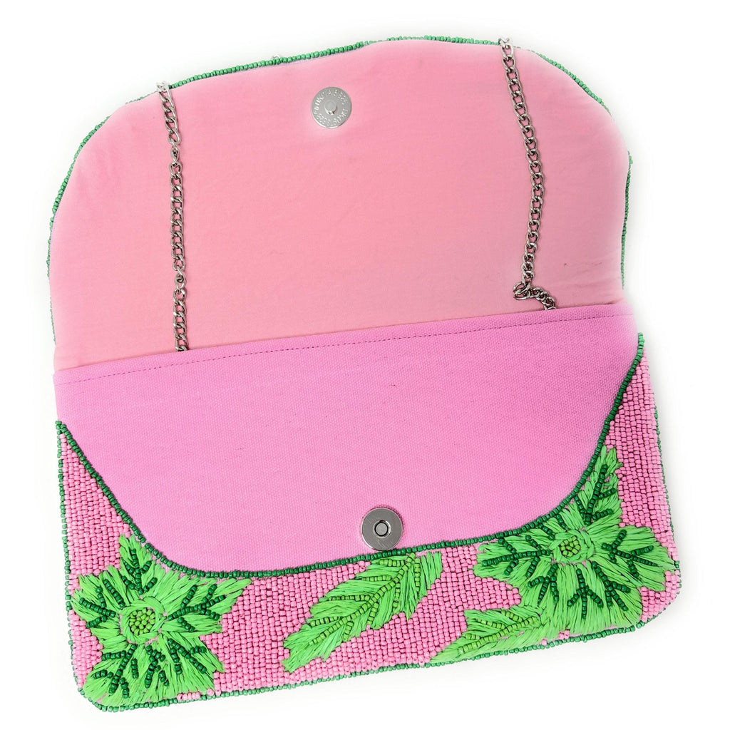 Tropical Beaded Clutch Purse, Pink Green Clutch Bag, Beaded Clutch Purse, Pink Beaded Bag, Party Clutch Purse, Unique Tropical Purse Bag