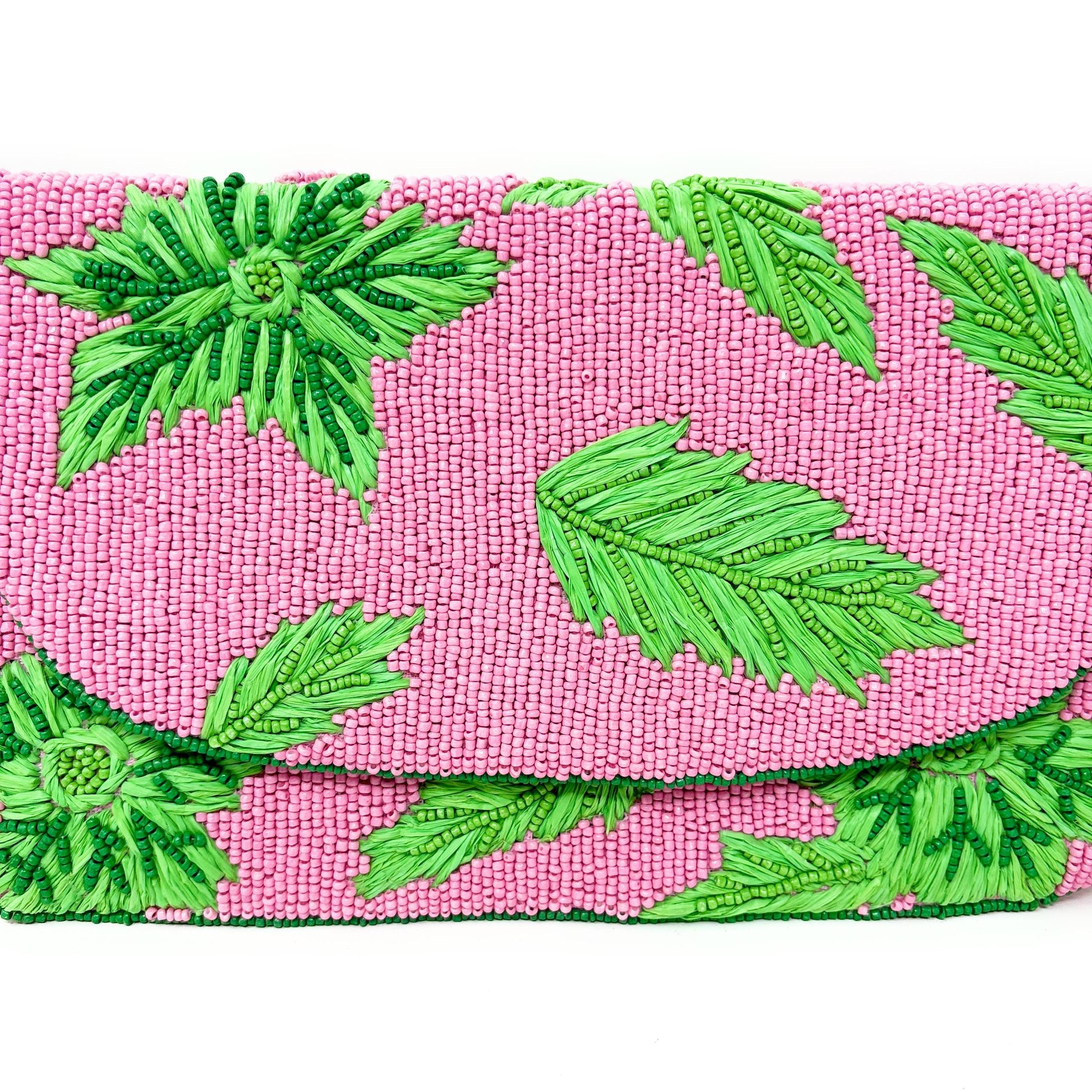Tropical Beaded Clutch Purse, Pink Green Clutch Bag, Beaded Clutch Purse, Pink Beaded Bag, Party Clutch Purse, Unique Tropical Purse Bag