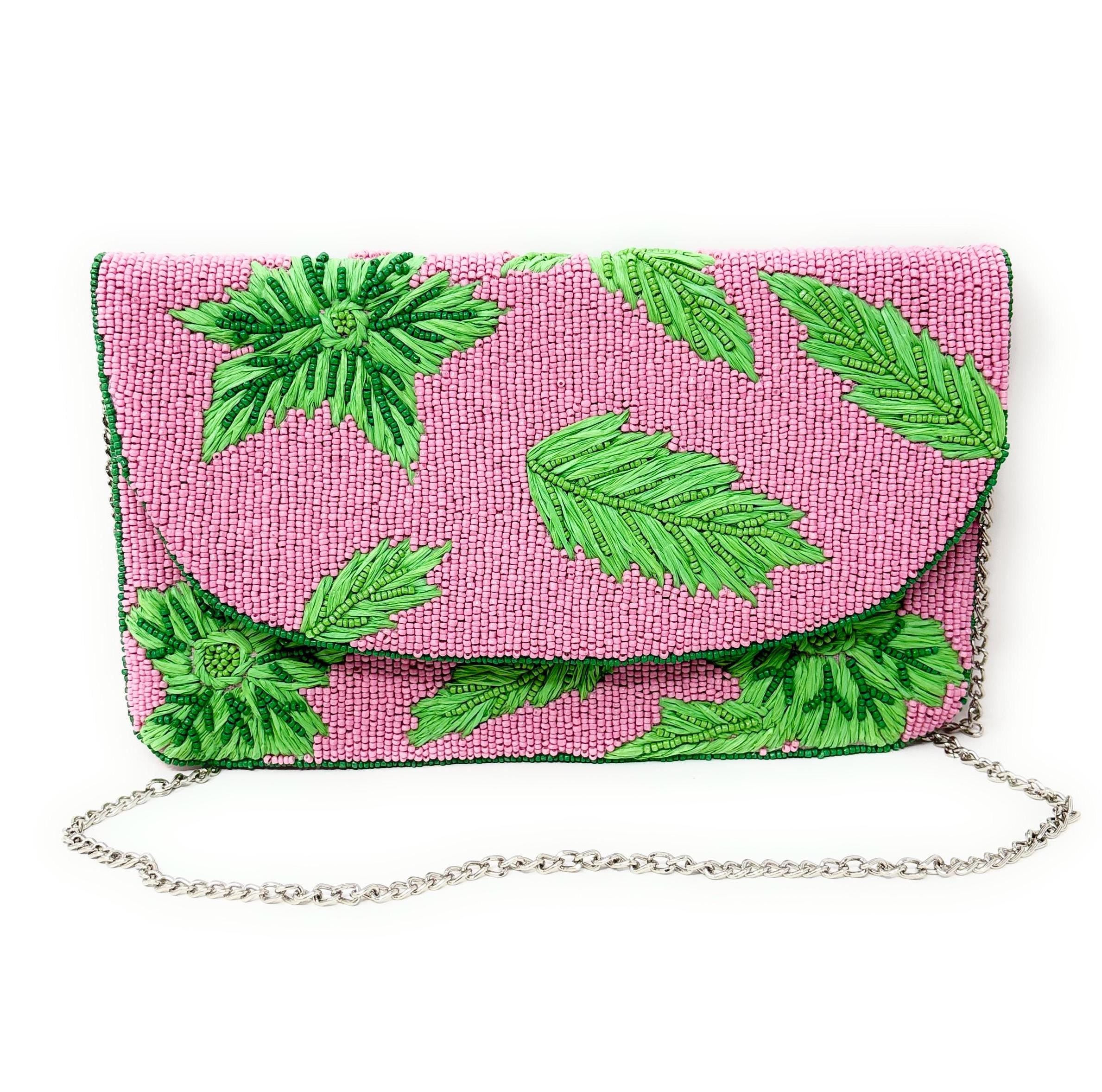 Tropical Beaded Clutch Purse, Pink Green Clutch Bag, Beaded Clutch Purse, Pink Beaded Bag, Party Clutch Purse, Unique Tropical Purse Bag