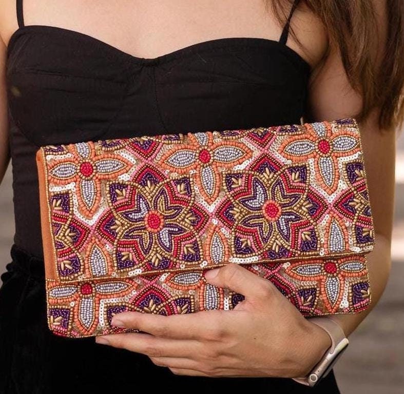 FLORAL Beaded Gold Sequin Clutch, Floral Clutch Bag, Beaded Clutch Purse, Floral Clutch Bag, Party Clutch Purse, Birthday Gift, Bridal Gift