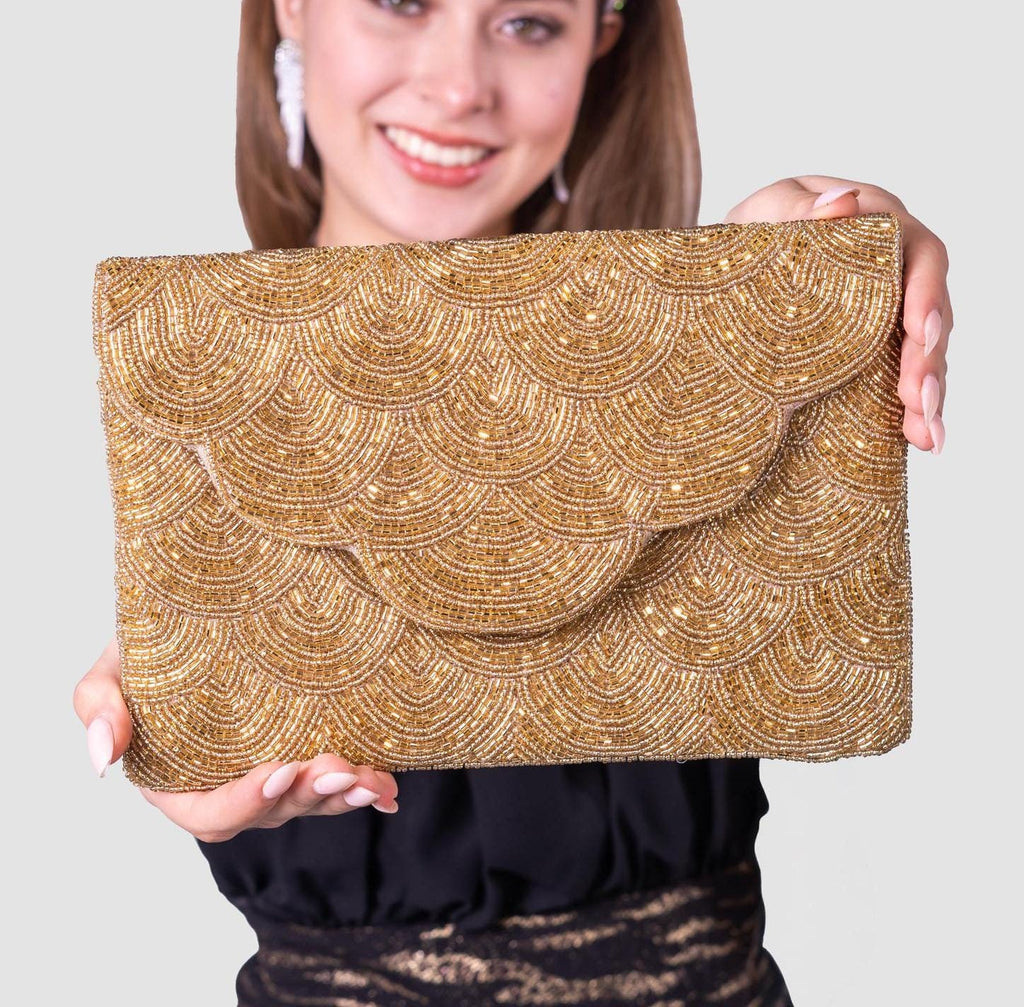 Handmade Beaded Clutch, Shimmering Gold Evening Bag