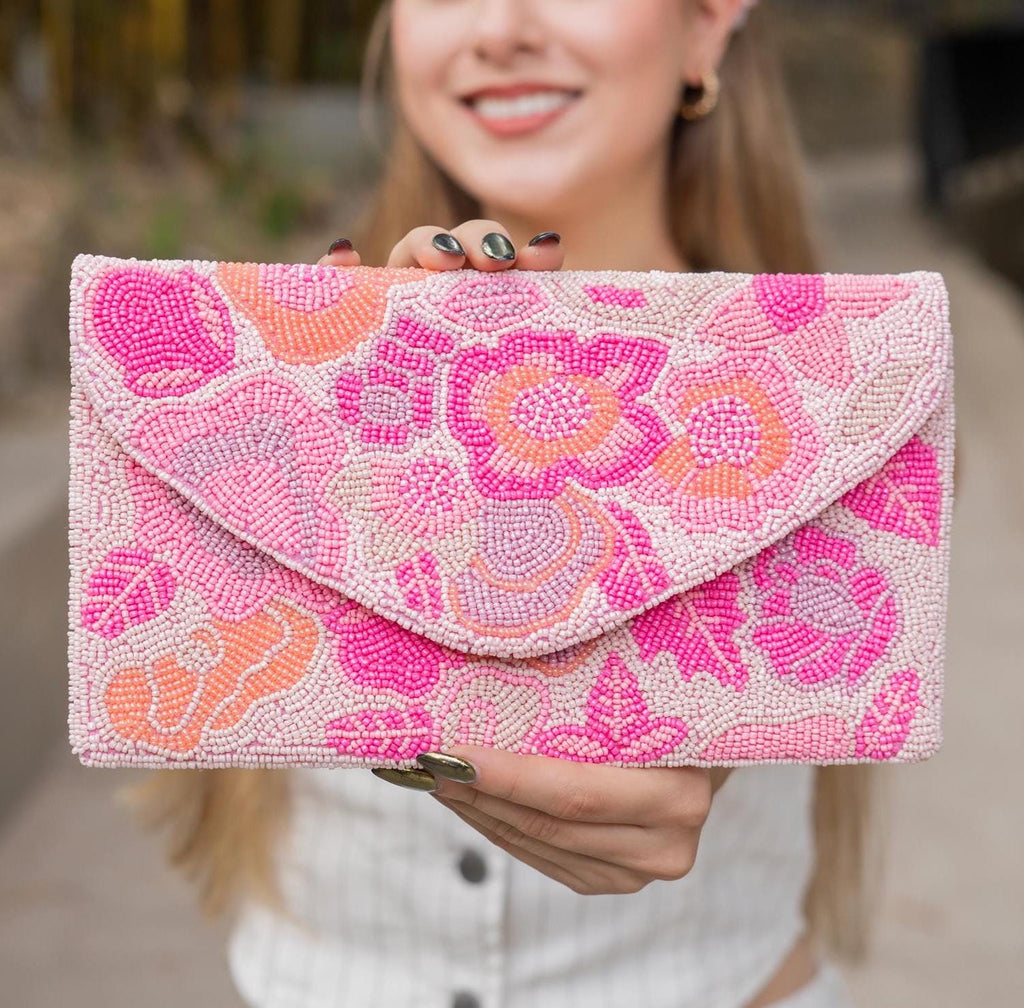 Pink Floral Beaded Clutch Purse, Handmade Party Bag