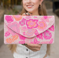 Pink Floral Beaded Clutch Purse, Handmade Party Bag