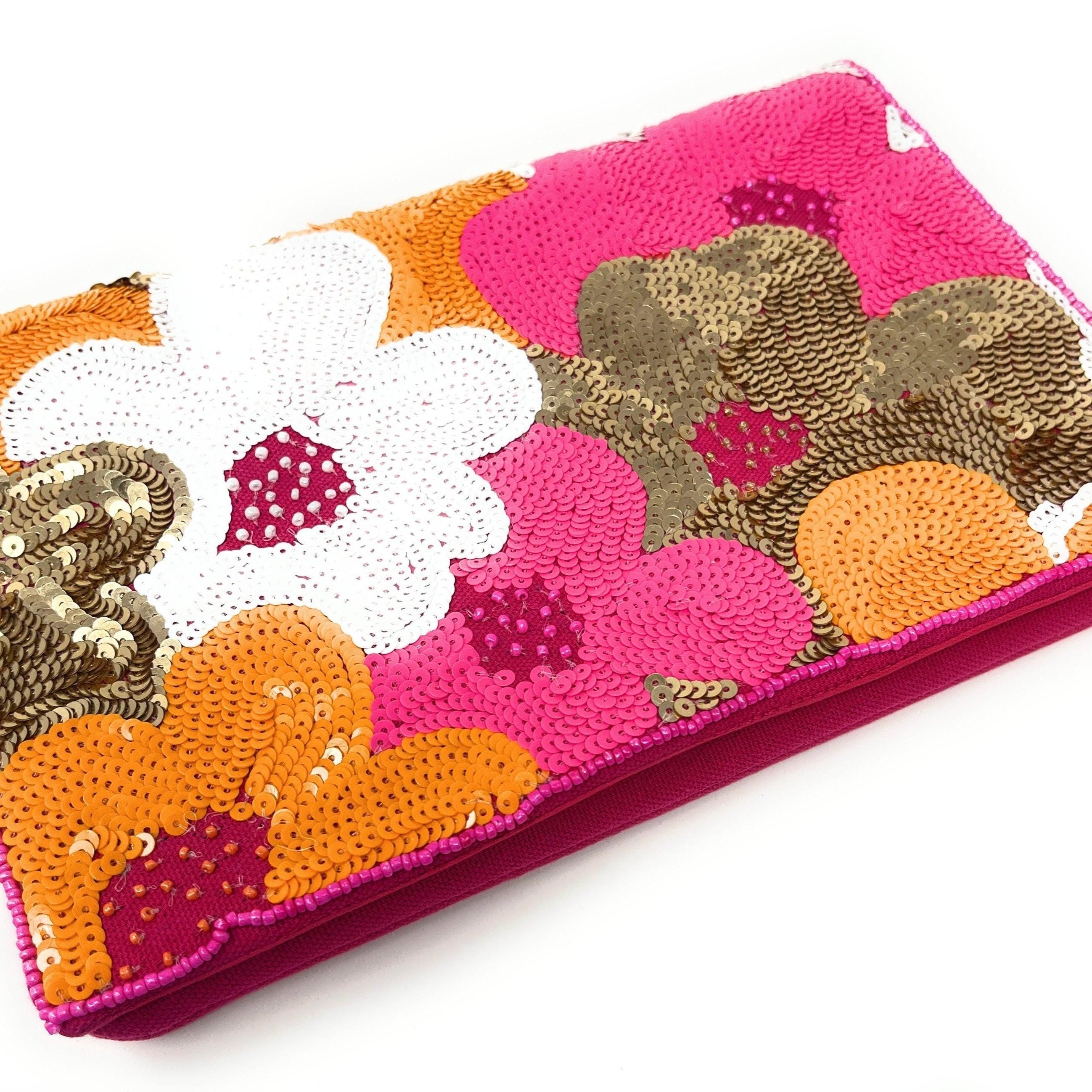 Exquisite Handmade Pink Floral Beaded Clutch - Customizable and Fashionable Accessory, Pink Bead Purse Floral Clutch Purse Pink Party Purse