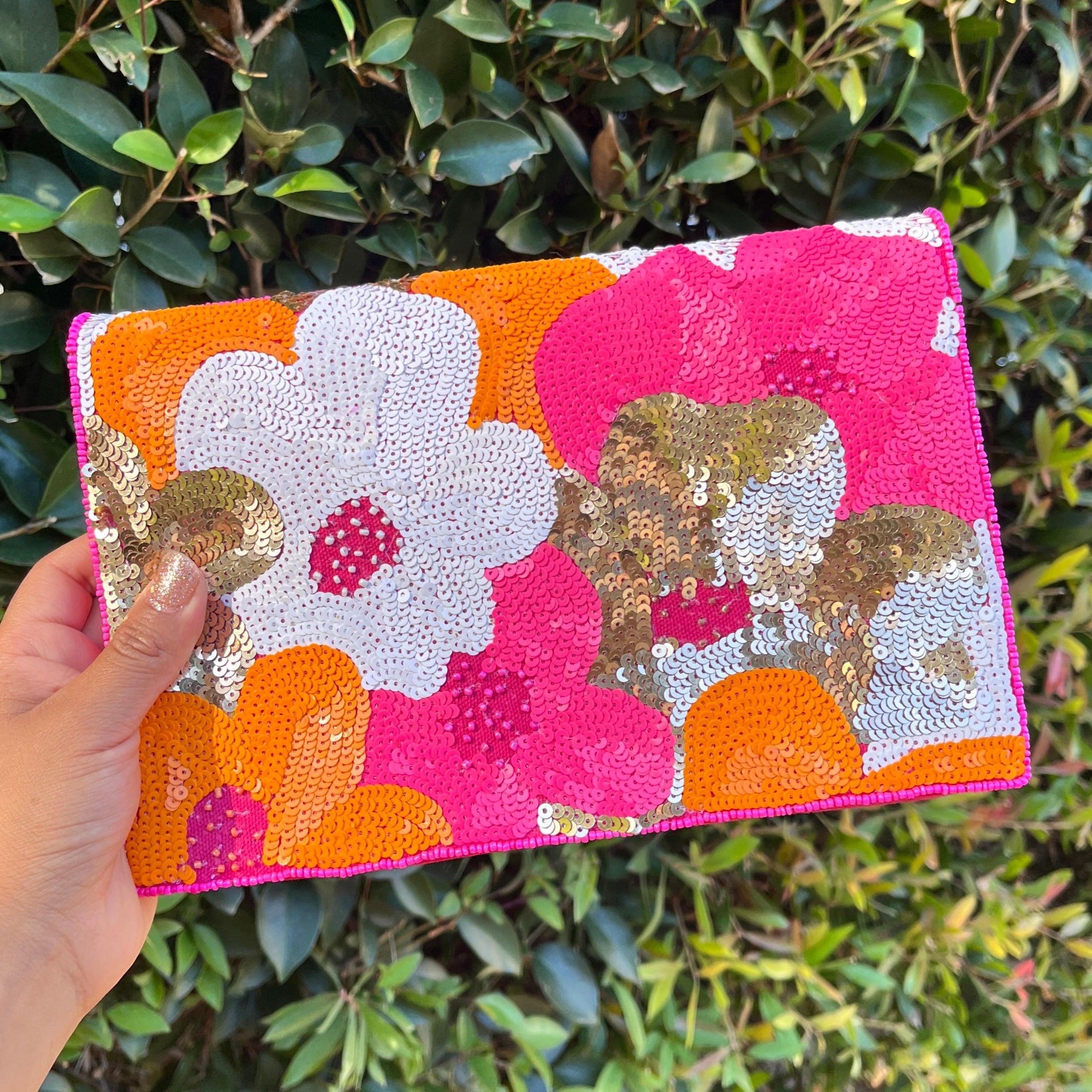 Exquisite Handmade Pink Floral Beaded Clutch - Customizable and Fashionable Accessory, Pink Bead Purse Floral Clutch Purse Pink Party Purse