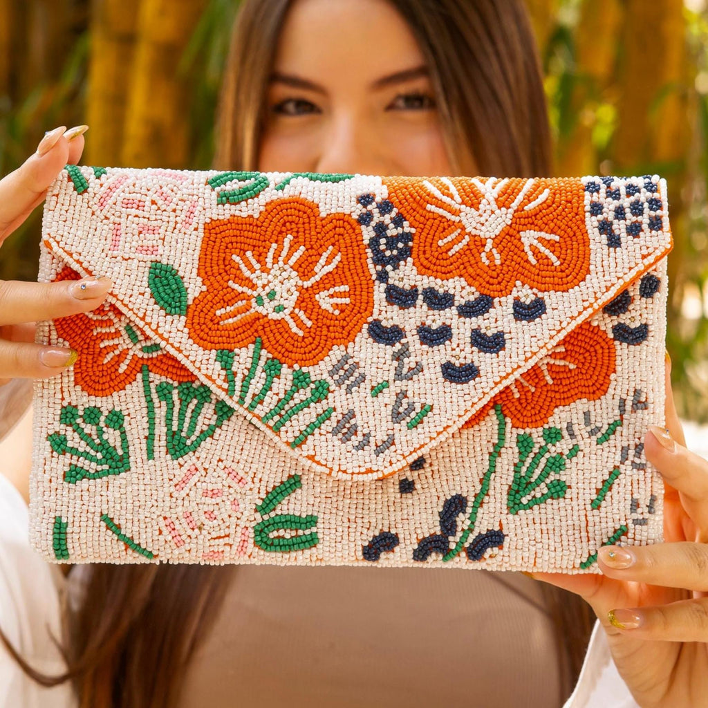 Floral Beaded Clutch Purse, Floral Clutch Bag, Beaded Clutch Purse, Summer Beaded Bag, Party Clutch Purse, Birthday Gift, Orange Clutch