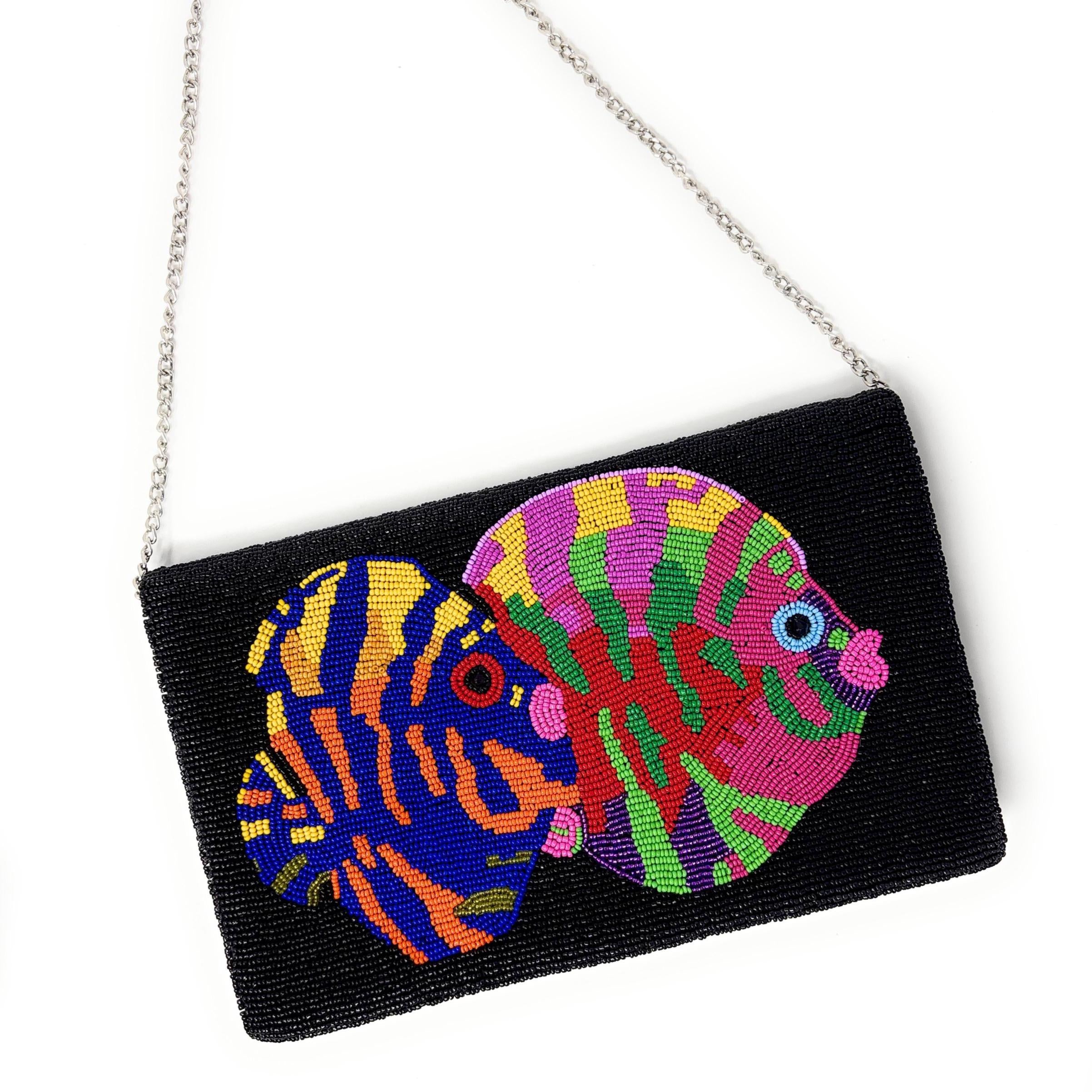 Tropical Fish Beaded Clutch Purse, Black Multicolor Crossbody Bag, Beaded Clutch Purse, Unique Beaded Bag Resort Accessories Beaded Handbag