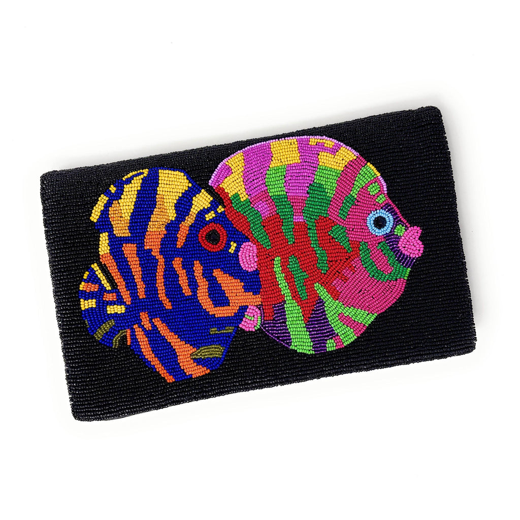 Tropical Fish Beaded Clutch Purse, Black Multicolor Crossbody Bag, Beaded Clutch Purse, Unique Beaded Bag Resort Accessories Beaded Handbag