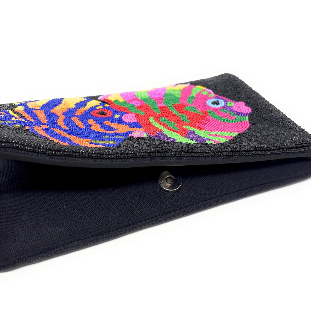 Tropical Fish Beaded Clutch Purse, Black Multicolor Crossbody Bag, Beaded Clutch Purse, Unique Beaded Bag Resort Accessories Beaded Handbag